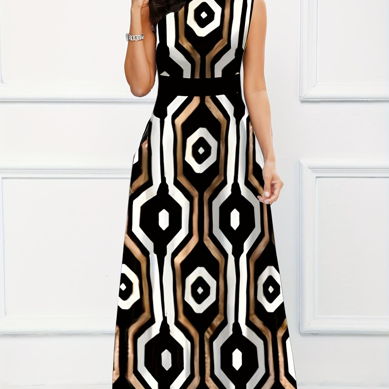 gbolsos Floral Print A-line Long Dress, Elegant Crew Neck Sleeveless Waist Summer Swing Dresses, Women's Clothing