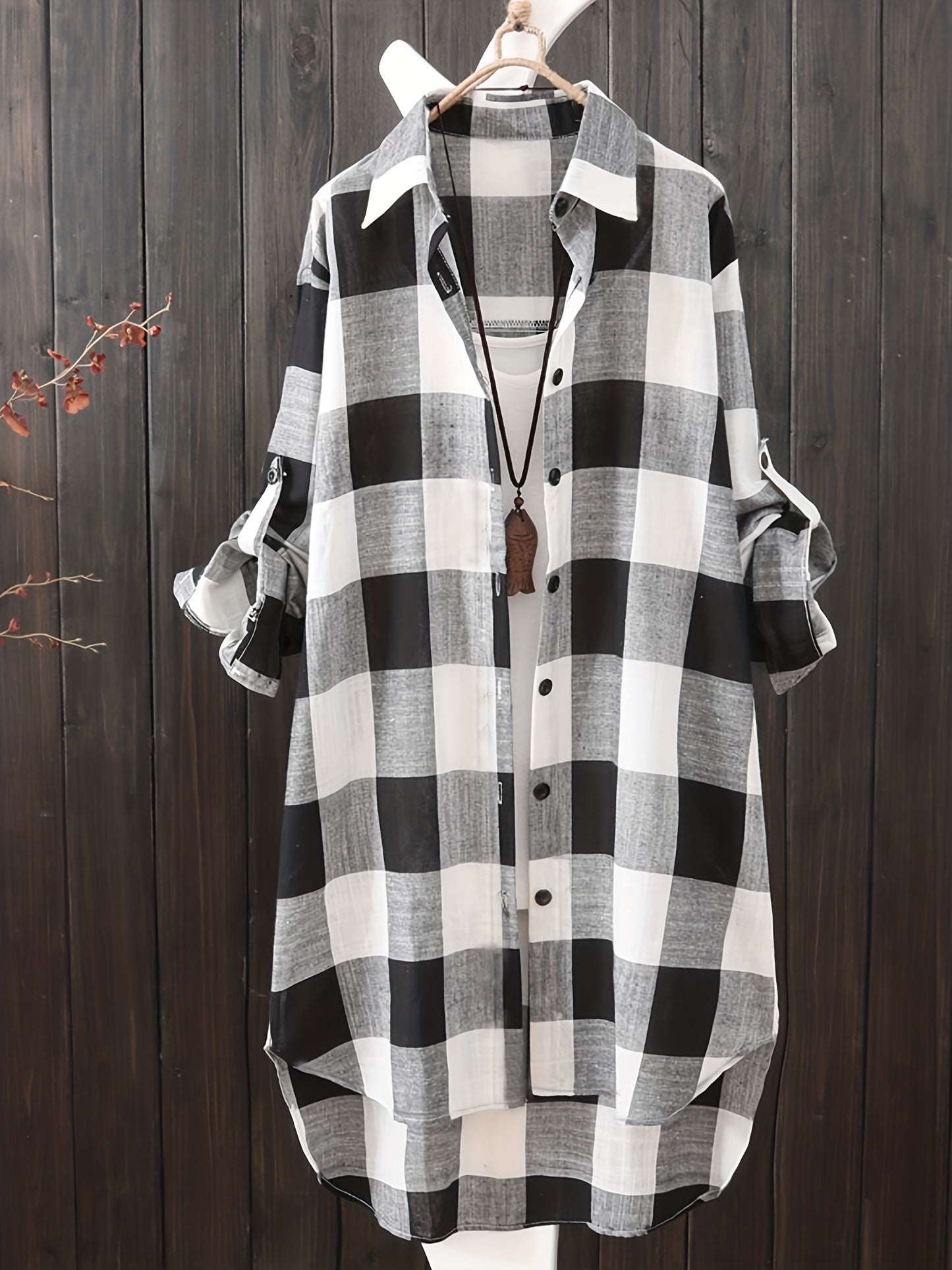 gbolsos Plaid Print Dipped Hem Shirt, Casual Mid Length Button Front Turn Down Collar Long Sleeve Shirt, Women's Clothing