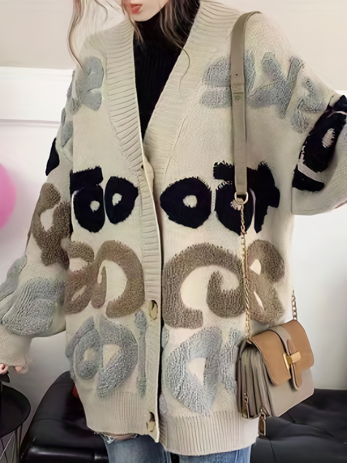 gbolsos Letter Pattern Button Down Knit Cardigan, Casual Long Sleeve Loose Thick Sweater Jacket, Women's Clothing