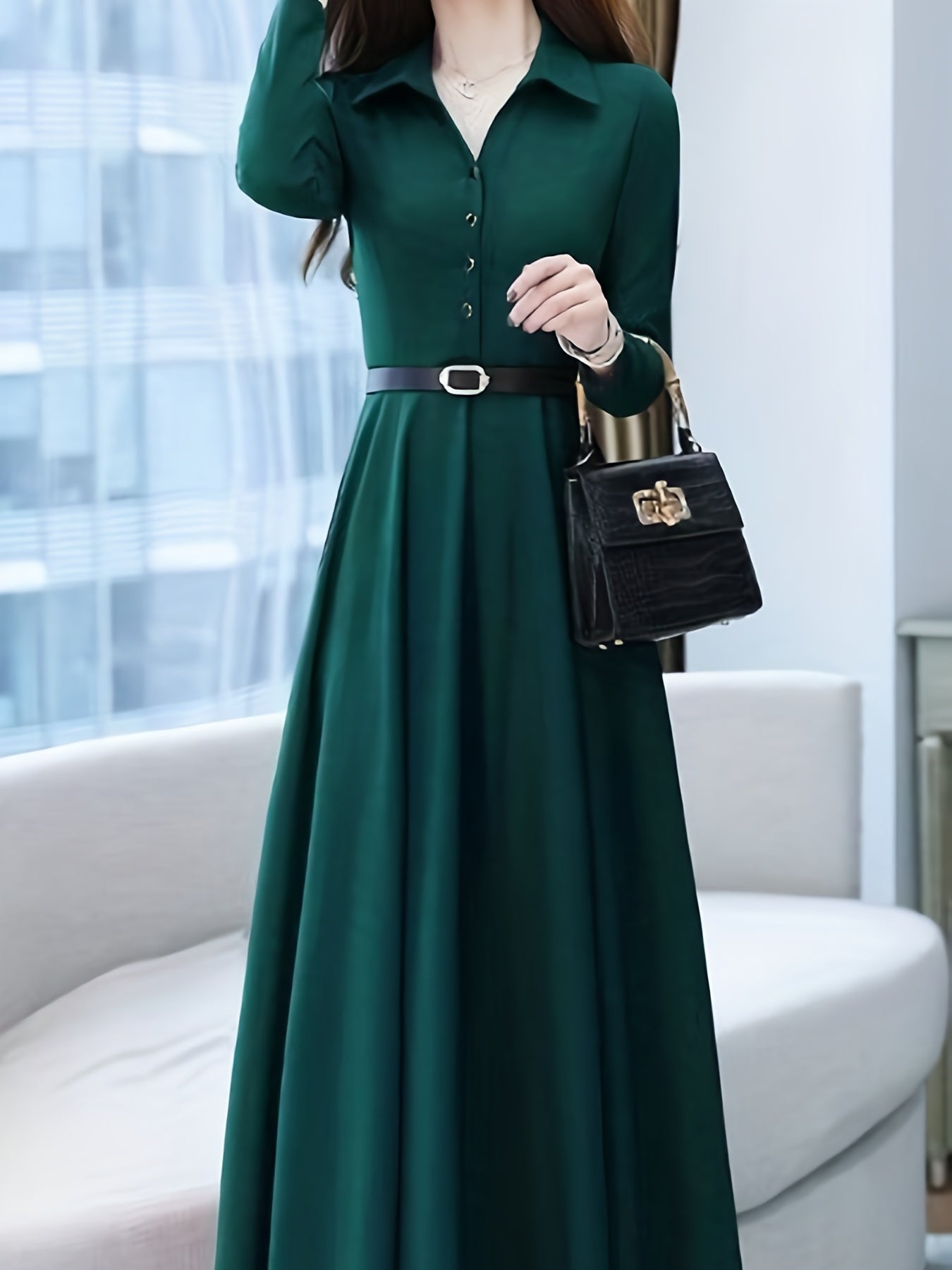 gbolsos Solid Buttons Dress, Vintage High Waist Long Sleeve Pleated Dress, Women's Clothing