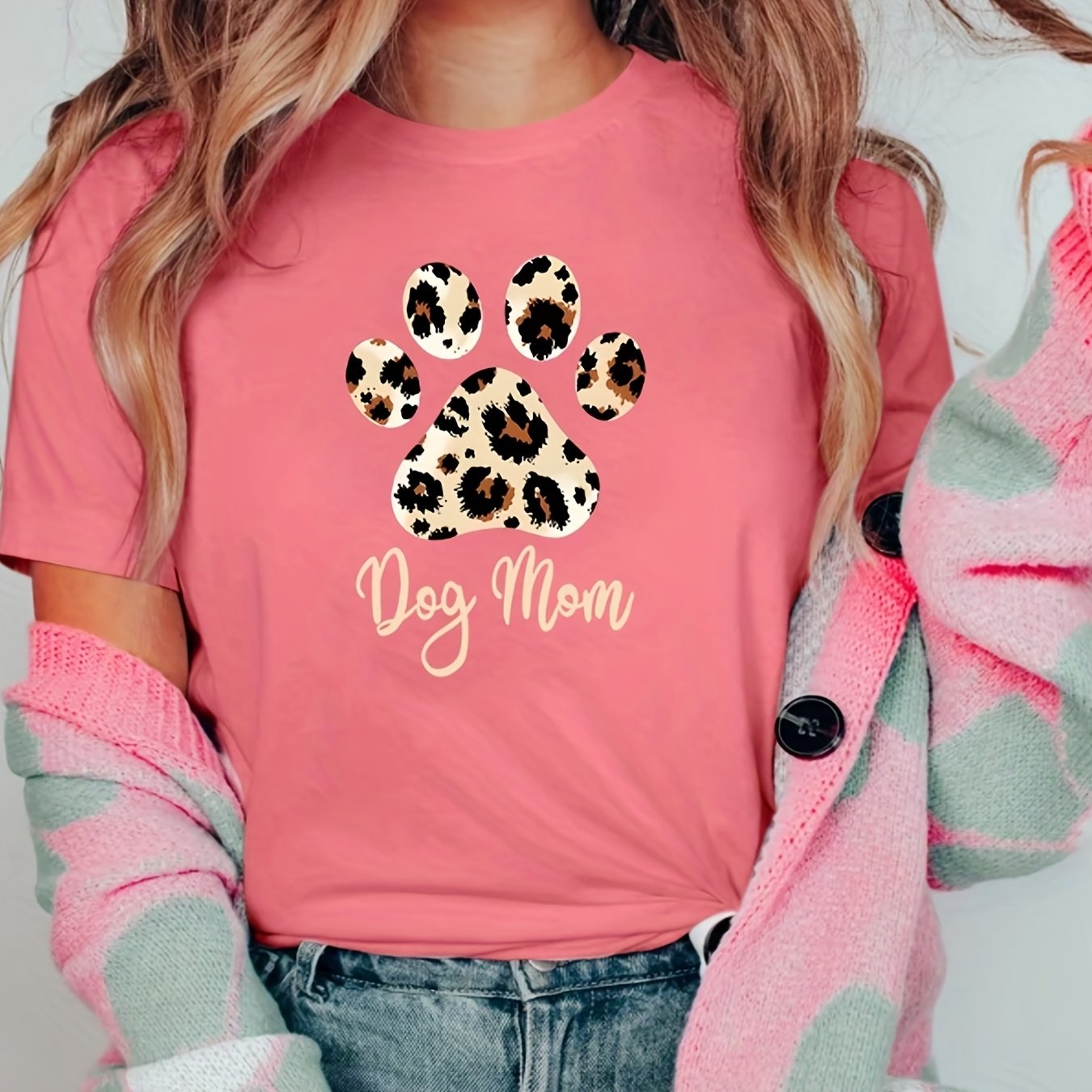 gbolsos Women Funny Leopard Print Dog Mama Graphic Tee, Summer Casual Crew Neck T-shirt, Women's Clothing