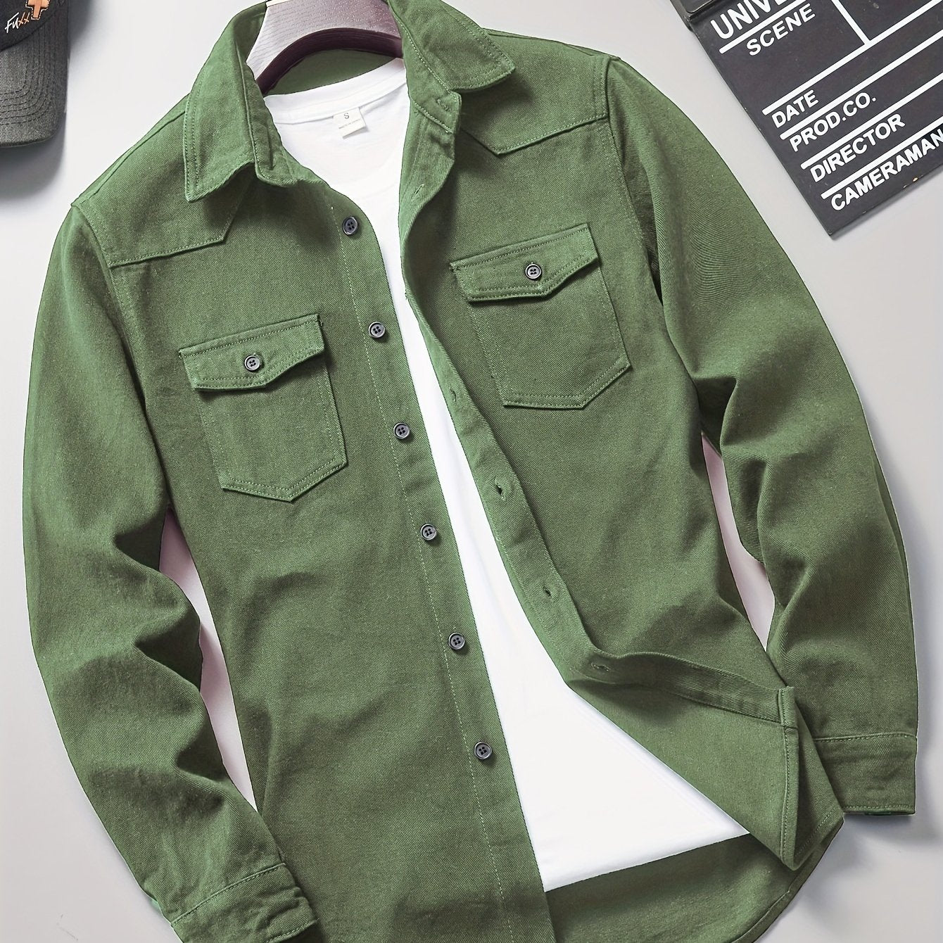 Men's Loose Fit Solid Color Lapel Collar Long Sleeve Denim Jacket With Pockets, Men's Outfits