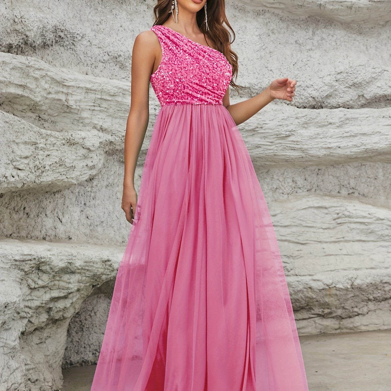 One Shoulder Sequin Dress, Elegant Sleeveless Dress For Party & Banquet, Women's Clothing