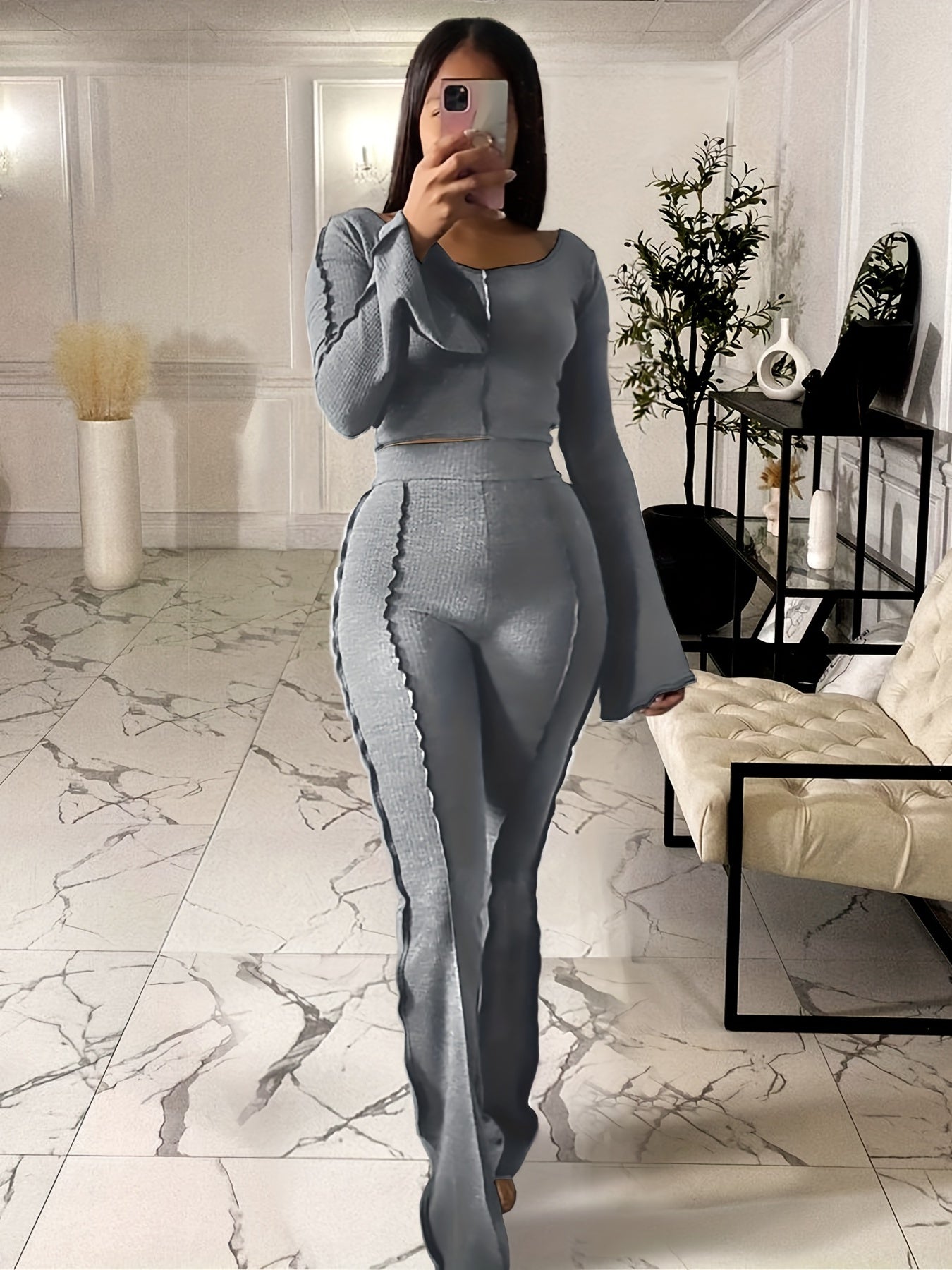 Solid Rib Two-piece Set, Flared Sleeve Crew Neck Tops & High Waist Long Length Pants Outfits, Women's Clothing