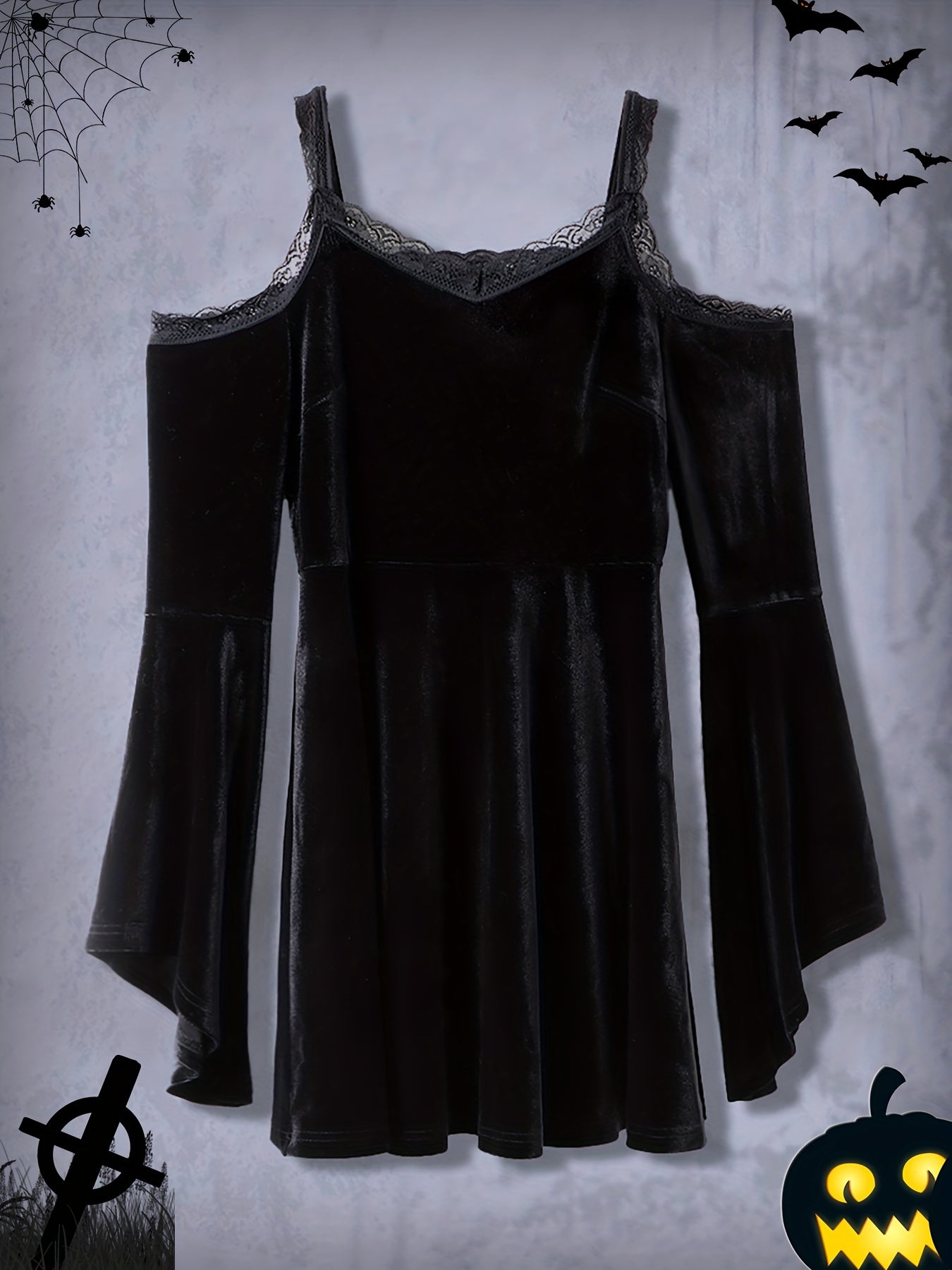 gbolsos Gothic Contrast Lace Dress, Vintage Cold Shoulder Solid Dress, Women's Clothing