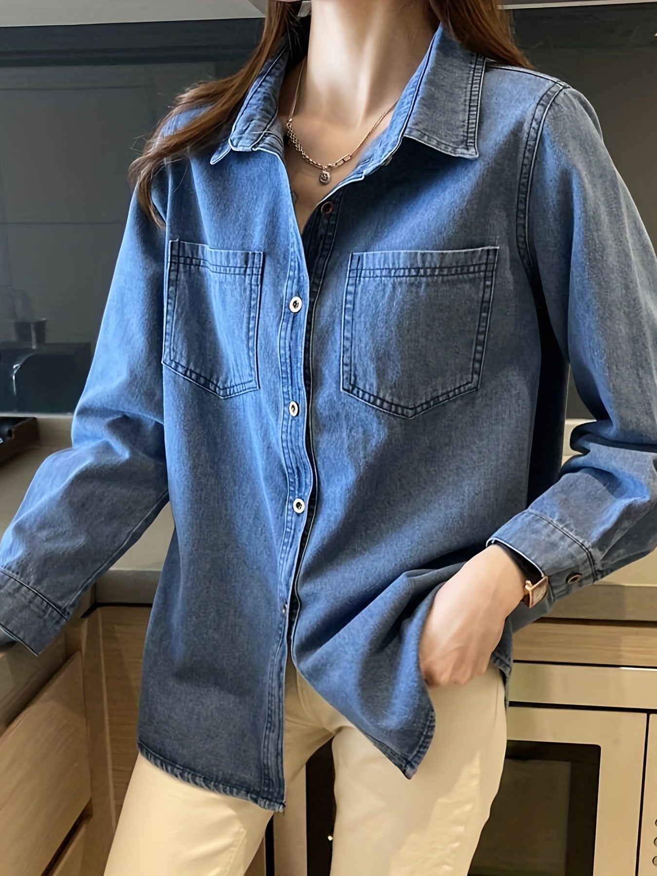 gbolsos Blue Loose Fit Lapel Denim Shirt, Long Sleeves Patch Pockets Casual Denim Shirt, Women's Denim Clothing