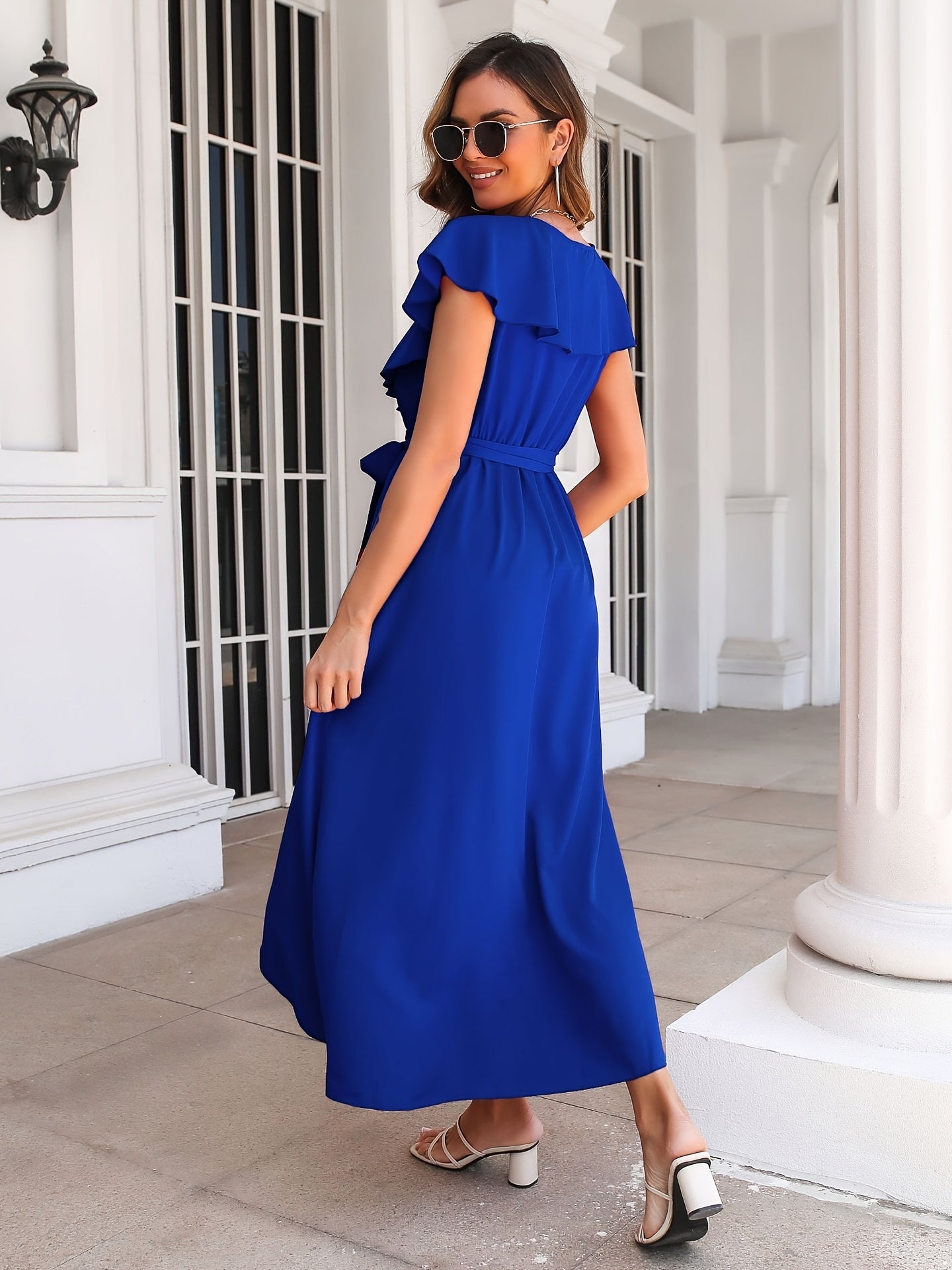 gbolsos Lace Up Ruffle Swing Dress, Elegant Slits Short Sleeve V-neck Tie Waist Summer Dresses, Women's Clothing