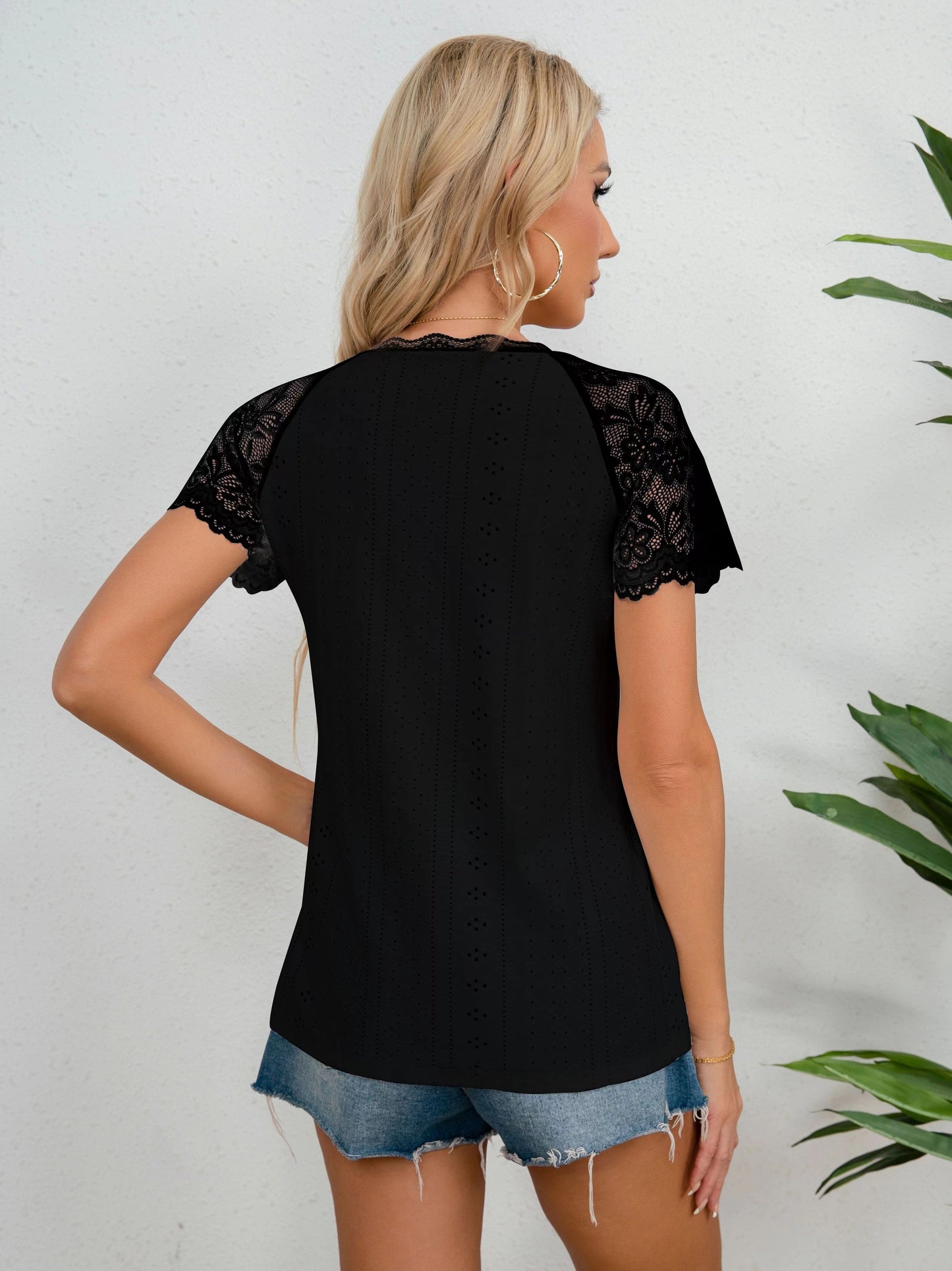 gbolsos Eyelet Embroidered Contrast Lace T-Shirt, Elegant Short Sleeve T-Shirt For Spring & Summer, Women's Clothing