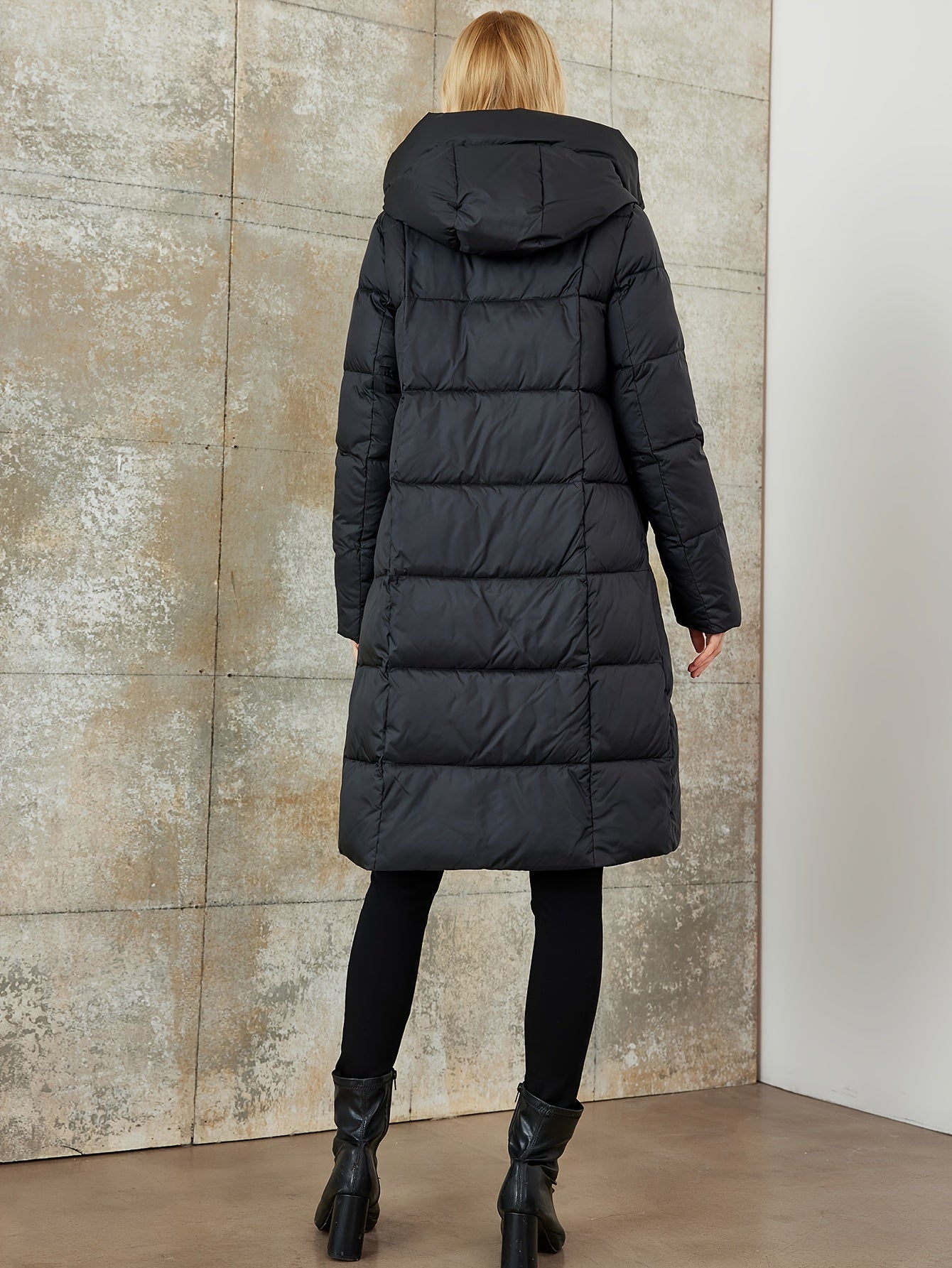 gbolsos Contrast Trim Zipper Front Coat, Casual Side Pockets Long Sleeve Drawstring Hooded Cotton-padded Jacket Coat, Women's Clothing