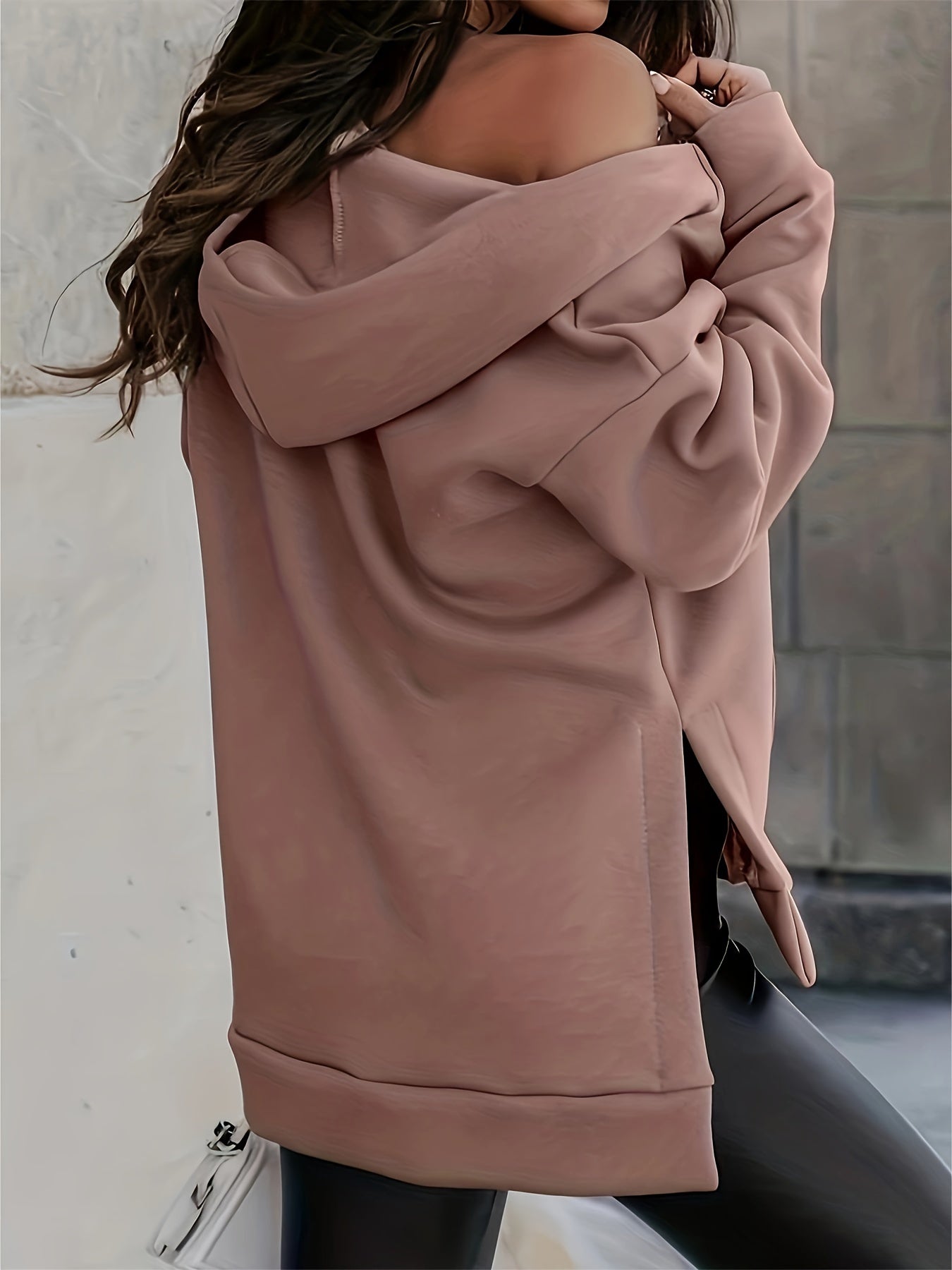 Solid Zip Up Split Hoodie, Casual Long Sleeve Loose Hooded Jacket With Pocket, Women's Clothing
