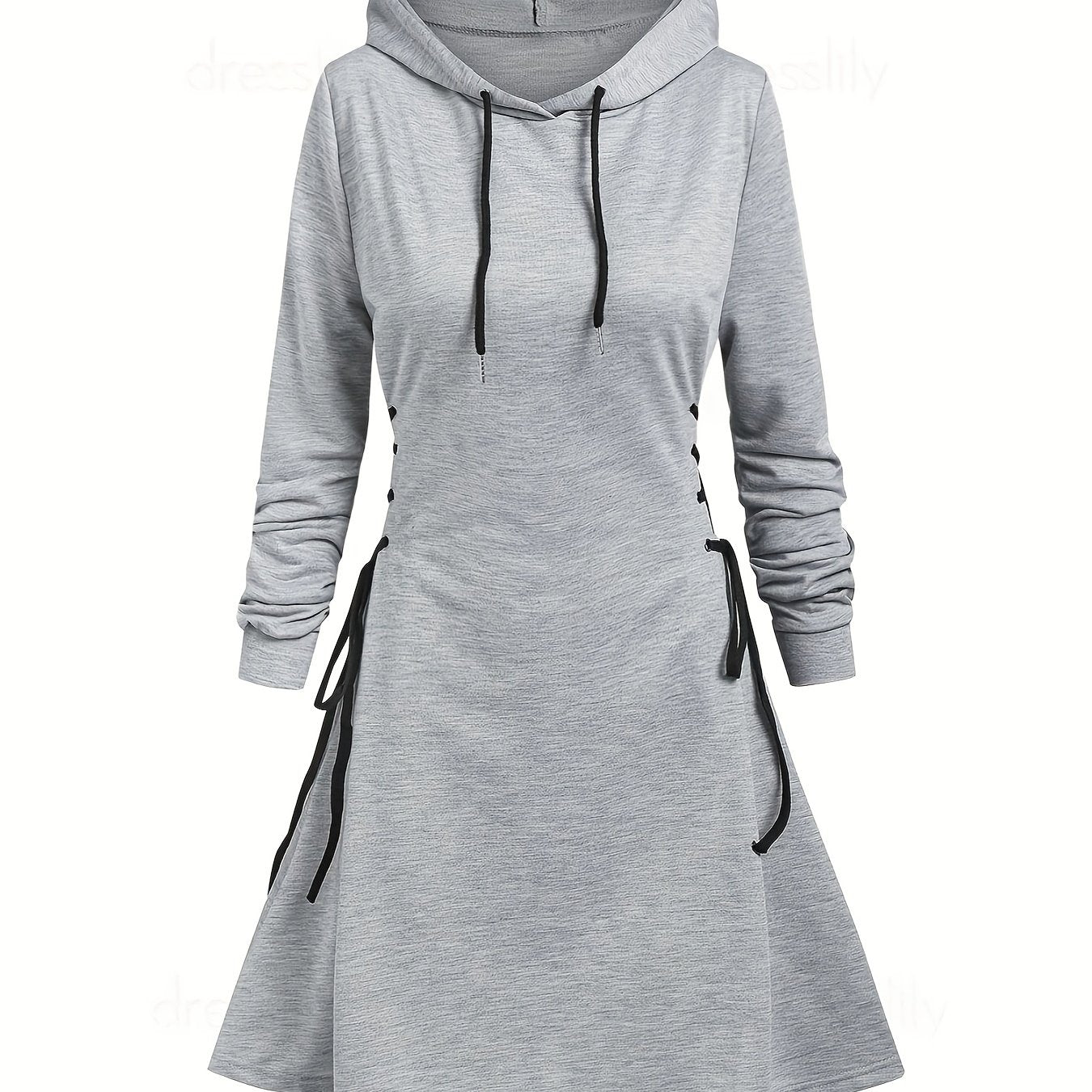 Drawstring Lace Up Hooded Dress, Casual Long Sleeve Solid Dress, Women's Clothing