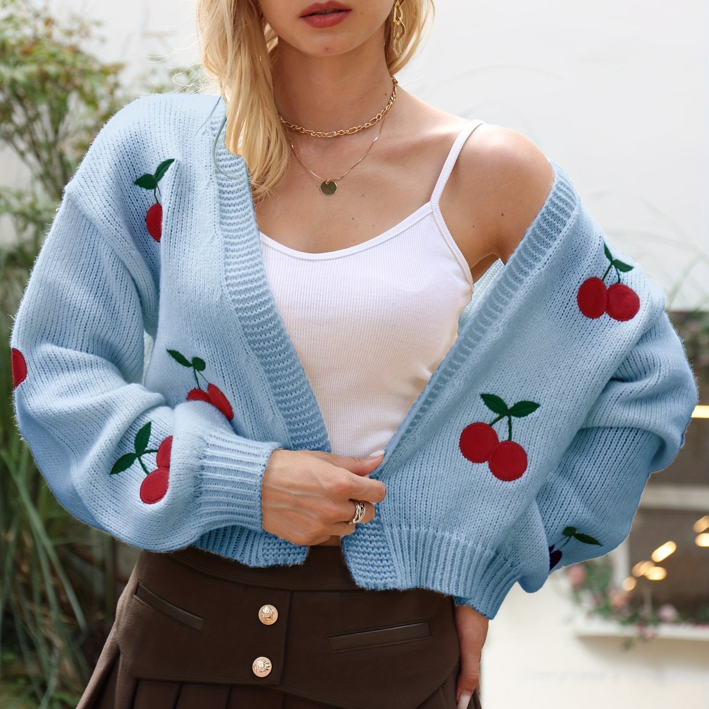 gbolsos Cherry Embroidered Knit Cardigan, Casual Open Front Long Sleeve Sweater, Women's Clothing
