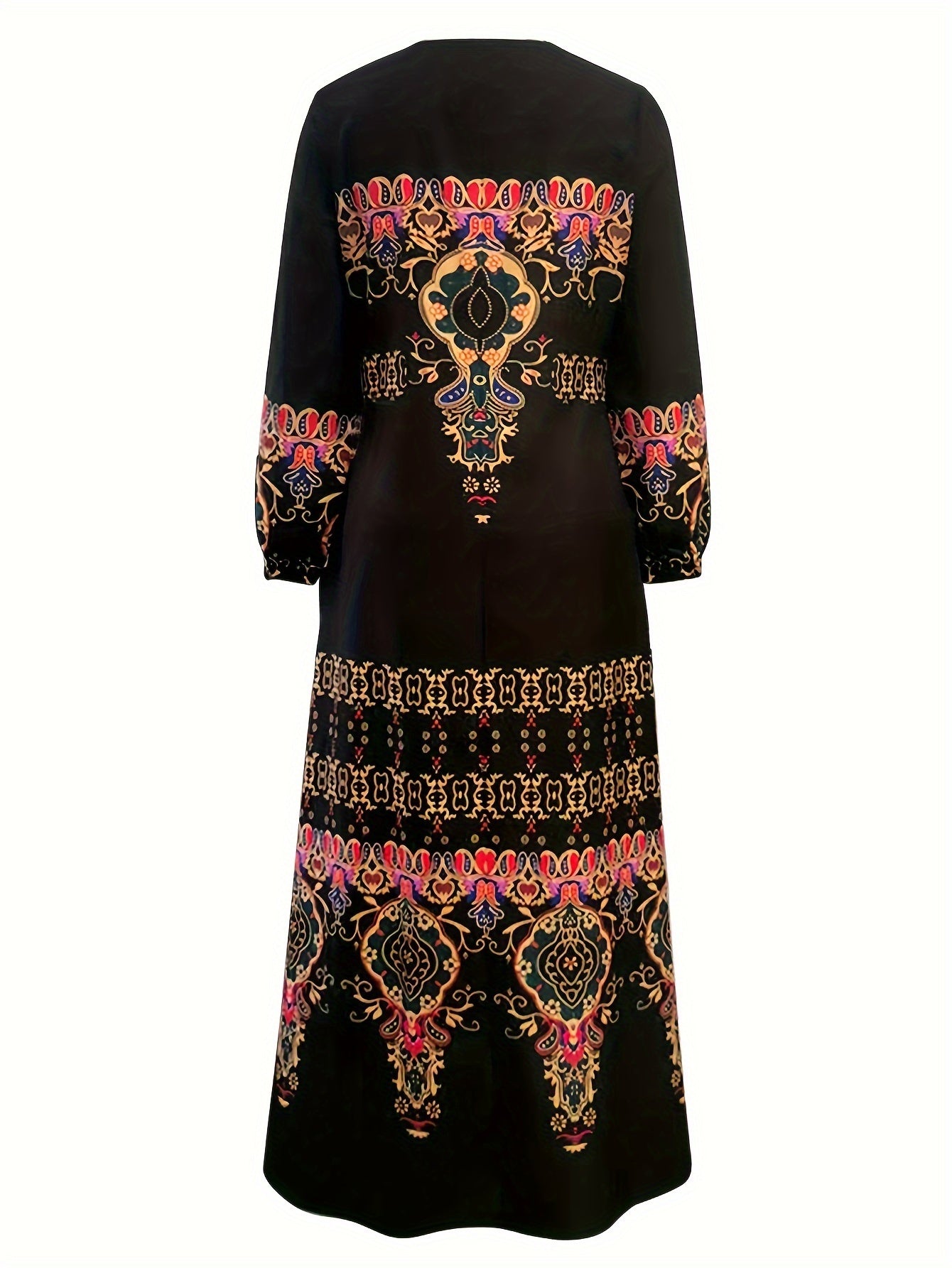 gbolsos Ethnic Print Lantern Sleeve Dress, Casual Crew Neck Dress For Spring & Fall, Women's Clothing