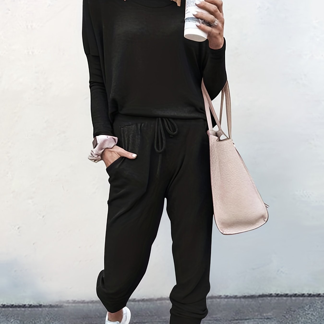 gbolsos Casual Solid Two-piece Set, Long Sleeve T-shirt & Drawstring Pants Outfits, Women's Clothing