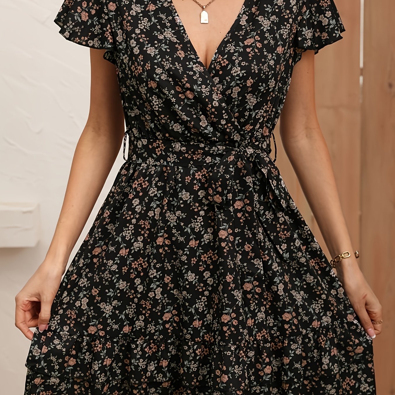 gbolsos Floral Print Layered Hem Belted Dress, Boho V Neck Short Sleeve Dress, Women's Clothing