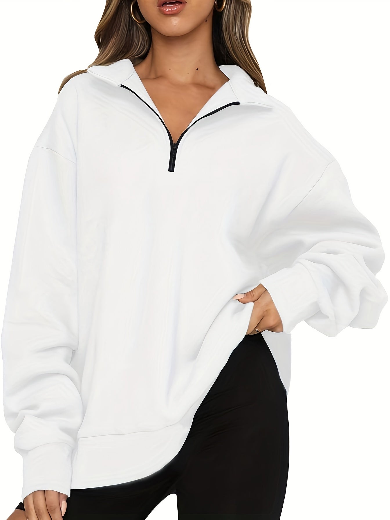 Quarter Zip Lapel Neck Sweatshirt, Casual Sporty Long Sleeve Sweatshirt For Fall & Winter, Women's Clothing