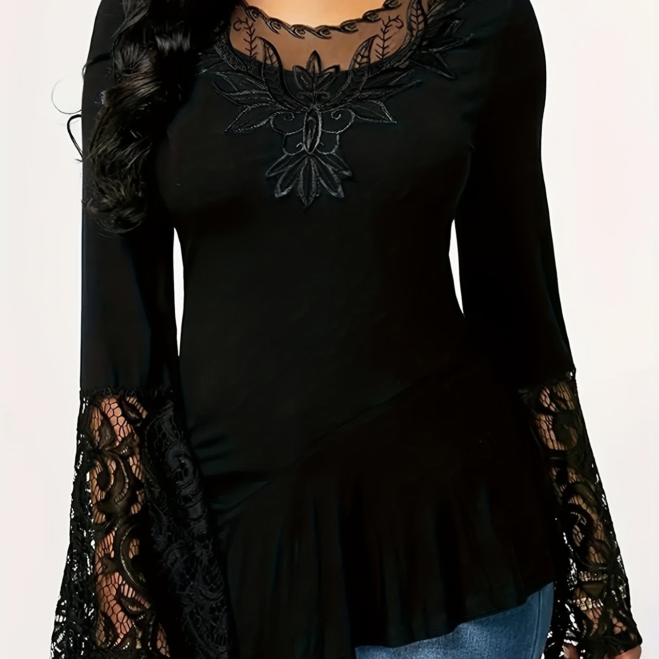 gbolsos Solid Contrast Lace Crew Neck Asymmetrical Hem T-shirt, Elegant Long Flare Sleeve T-shirt, Women's Clothing