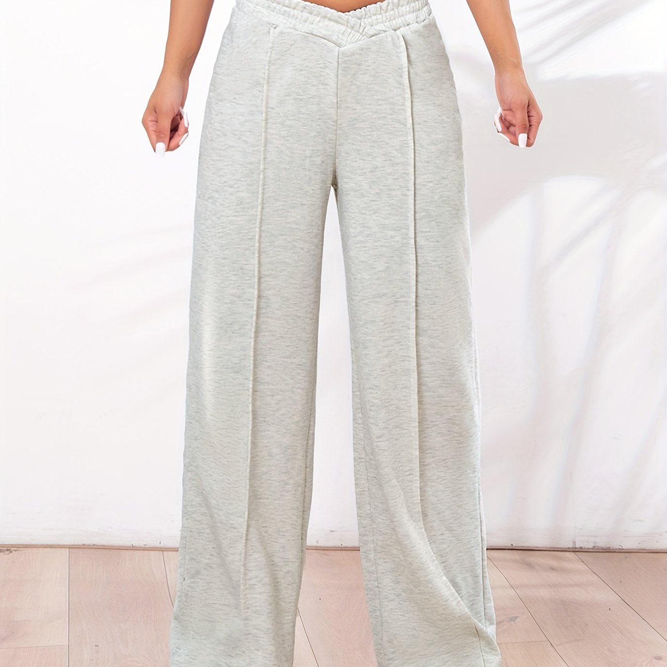 Solid Straight Leg Pants, Casual Asymmetrical Elastic Waist Pants For Spring & Fall, Women's Clothing