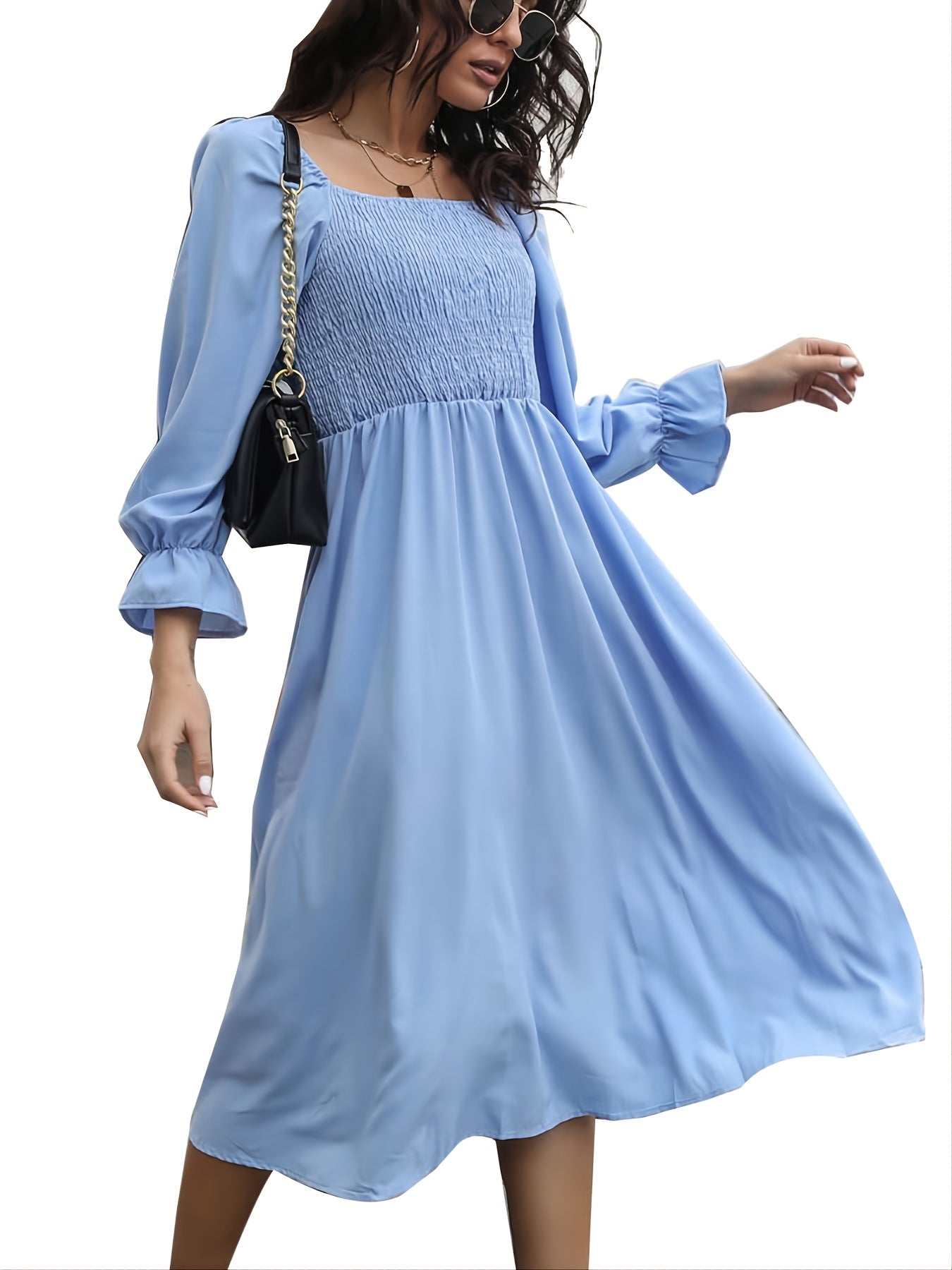 Women's Dresses Flared Sleeve T-Neck Long Sleeve Pleated Dresses
