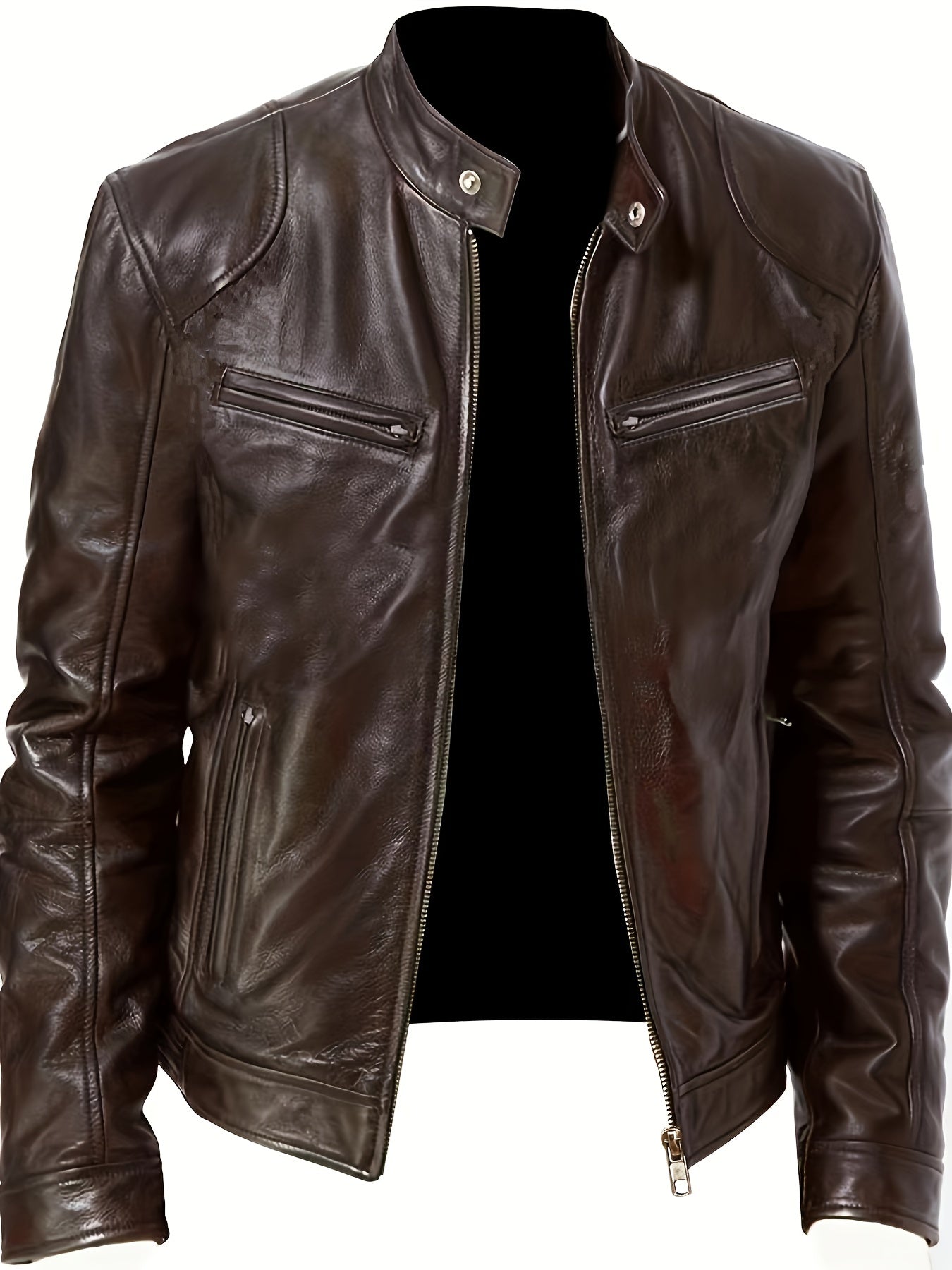 gbolsos Zipper Pockets PU Jacket, Men's Casual Solid Color Zip Up Stand Collar Faux Leather Jacket For Spring Fall