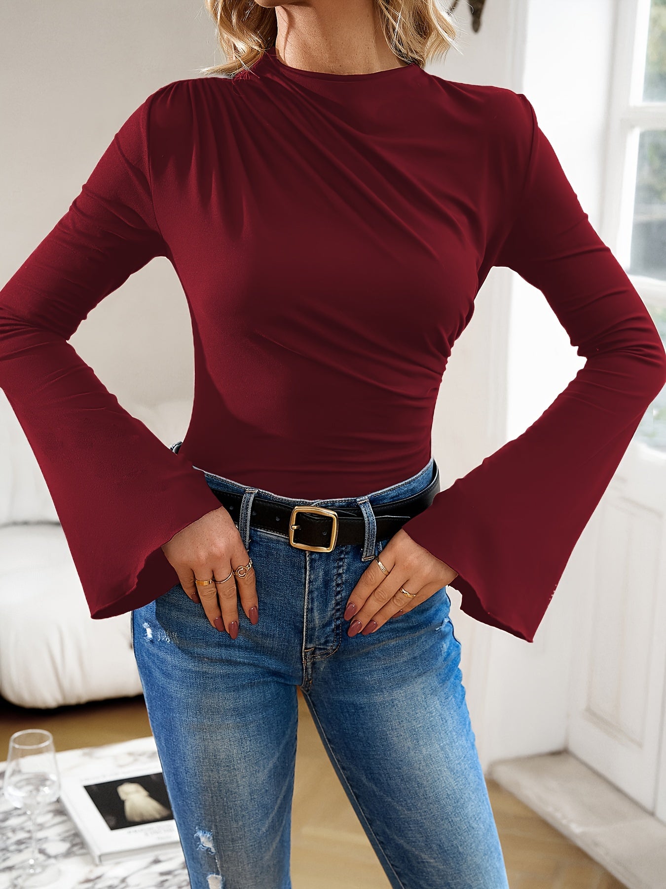 gbolsos Ruched Boat Neck T-Shirt, Elegant Long Flare Sleeve Top For Spring & Fall, Women's Clothing