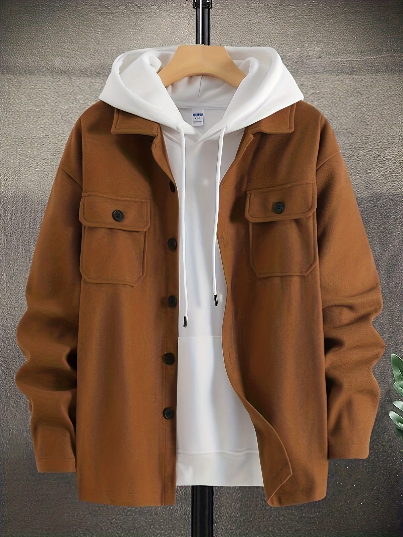 gbolsos Fashionable And Trendy Men's Solid Shirt Lapel Button Long Sleeve Woolen Shirt Jacket, Suitable For Winter And Autumn
