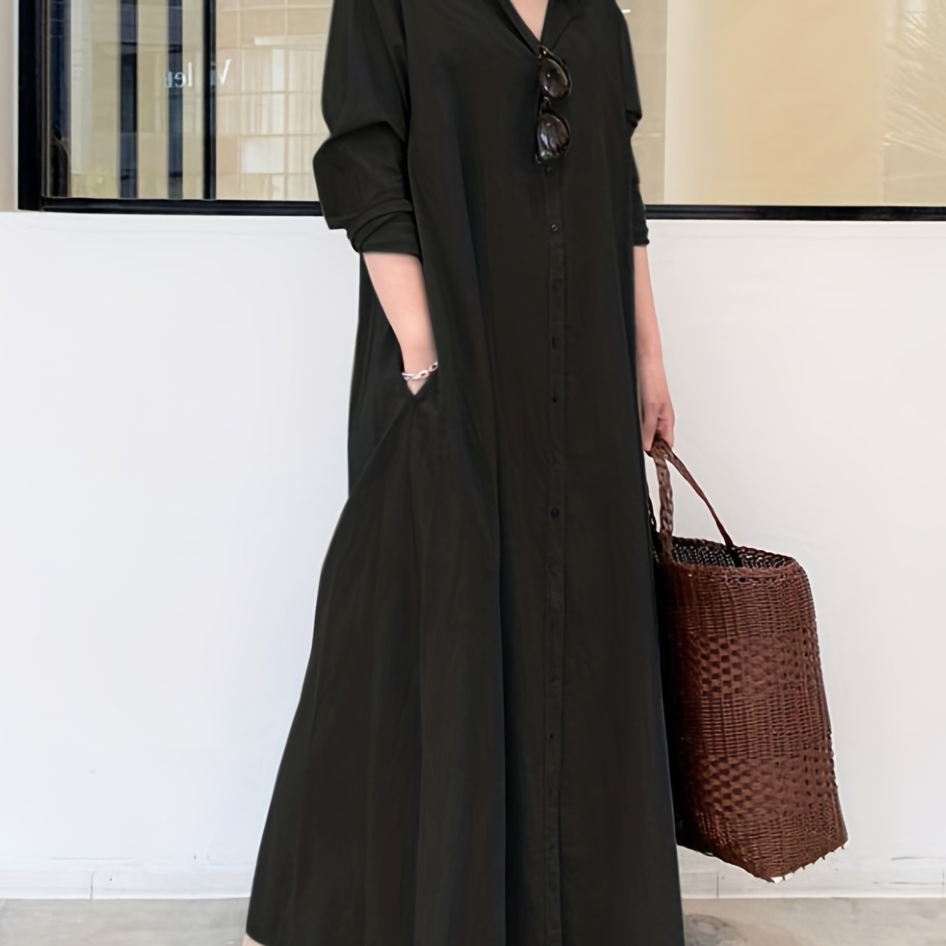gbolsos Button Front Kaftan Dress, Casual Solid Long Sleeve Maxi Dress, Women's Clothing