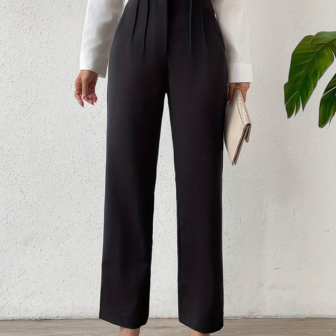 Solid Color Straight Leg Pants, Casual Skinny Ruched High Waist Pants For Spring & Summer, Women's Clothing