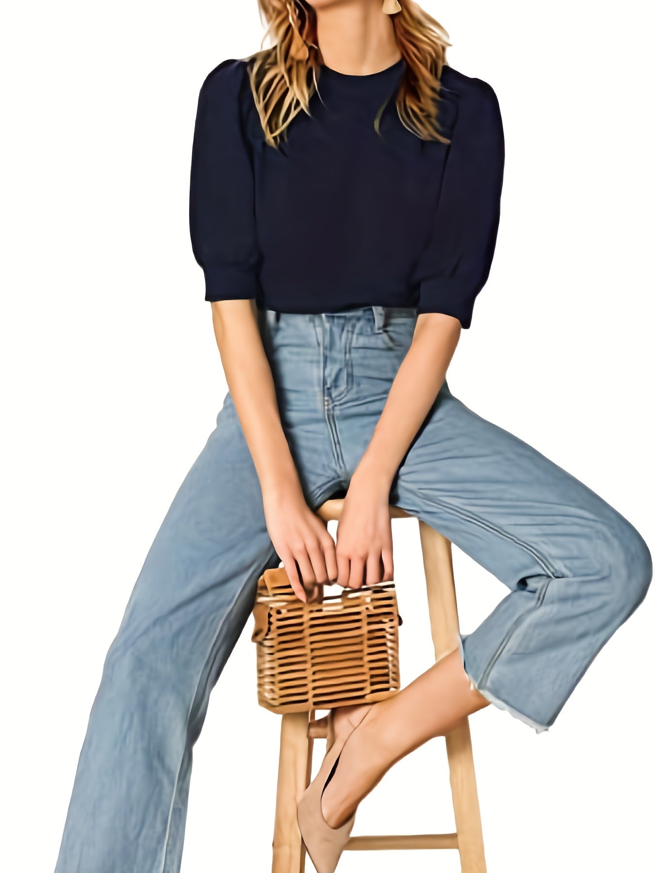 Solid Keyhole Blouse, Casual Crew Neck Short Sleeve Simple Blouse, Women's Clothing