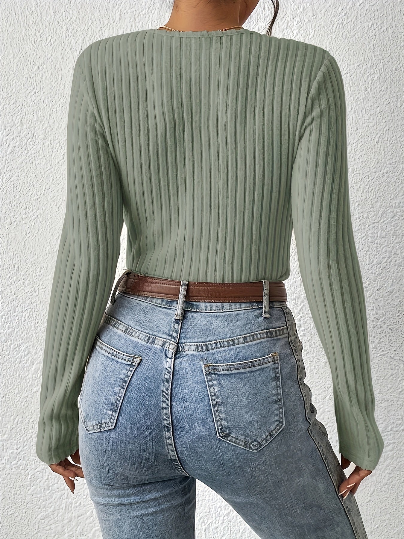 gbolsos Solid Rib Knit Sweater, Casual V Neck Long Sleeve Slim Sweater, Women's Clothing