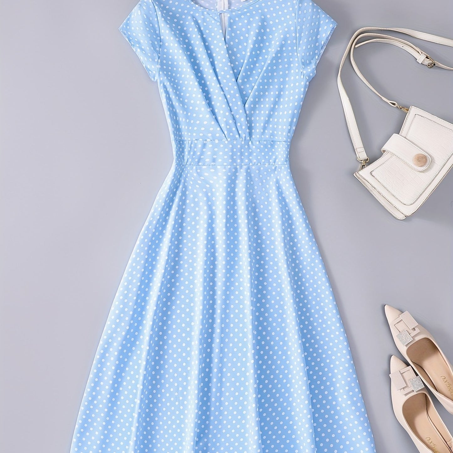 gbolsos Polka Dot Keyhole Dress, Casual Crew Neck Cap Sleeve Slim Waist Dress, Women's Clothing