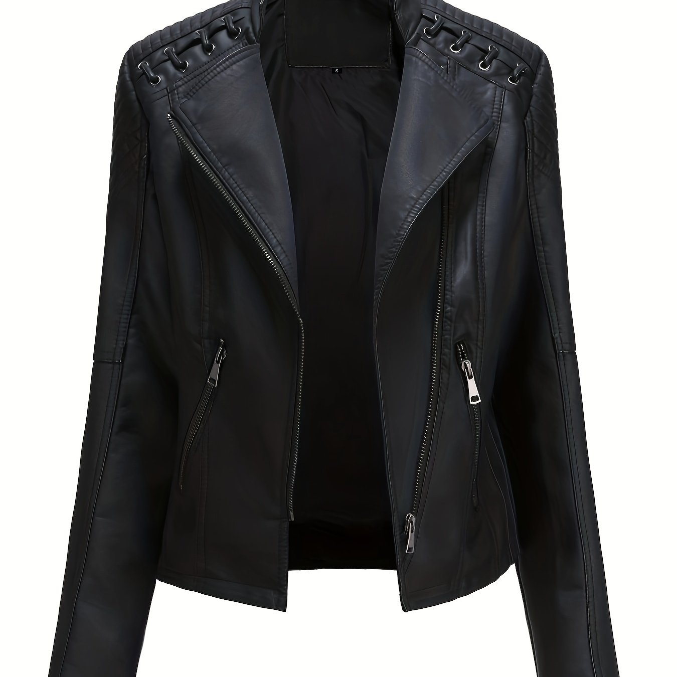 gbolsos Zipper Faux Leather Jacket, Casual Solid Long Sleeve Outerwear, Women's Clothing