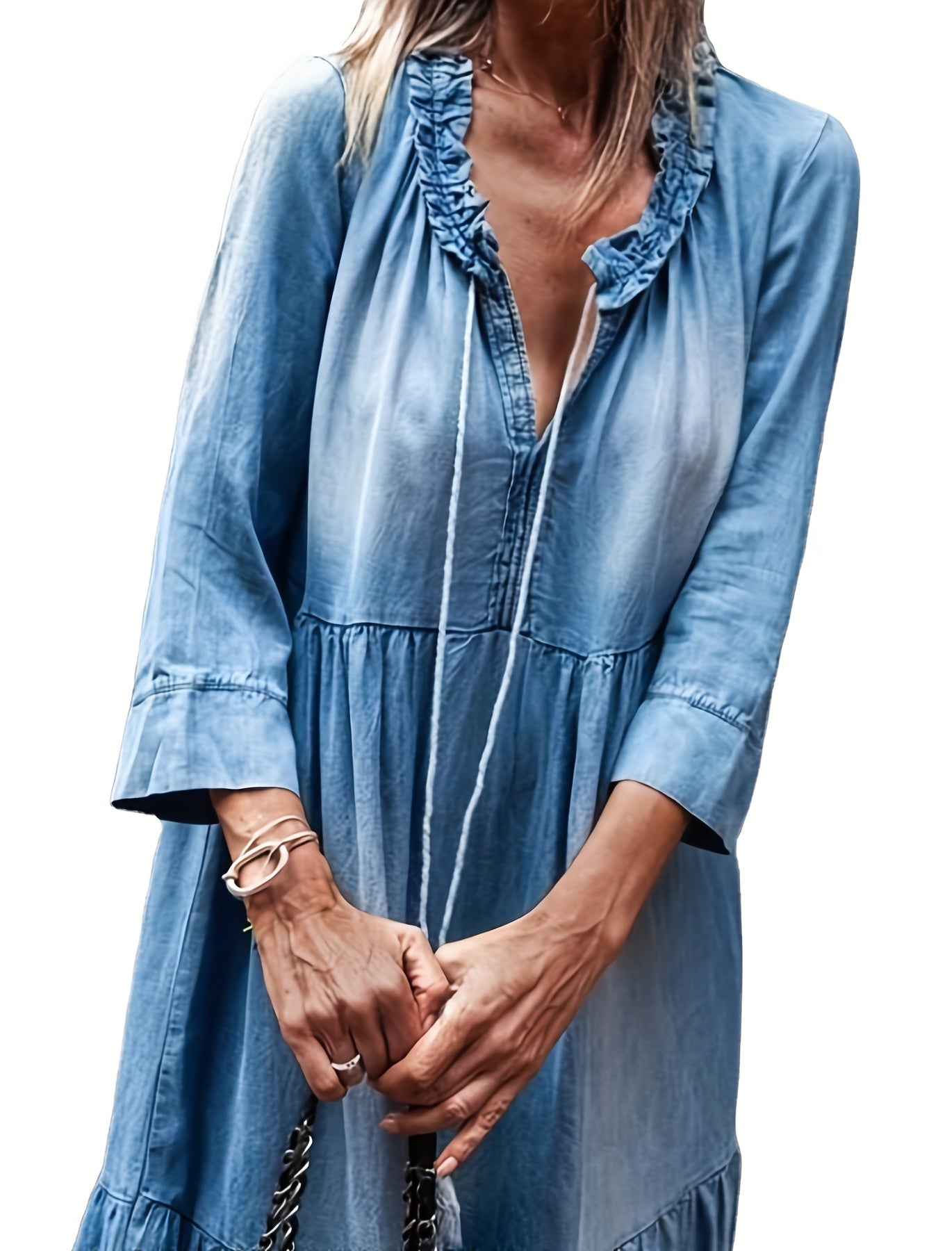 gbolsos Blue Long Sleeves Denim Dress, Loose Fit Lettuce Trim V Neck Ruffle Denim Dress, Women's Denim Clothing