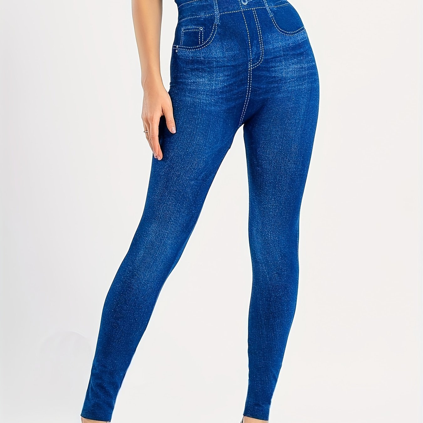 gbolsosDenim Print High Waist Jeggings, Slim Stretchy Casual Leggings, Women's Clothing