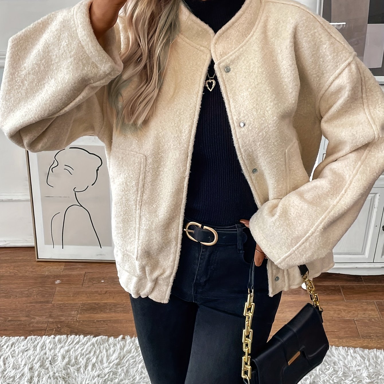 gbolsos Button Front Top-stitching Jacket, Casual Long Sleeve Slant Pockets Jacket For Fall & Winter, Women's Clothing