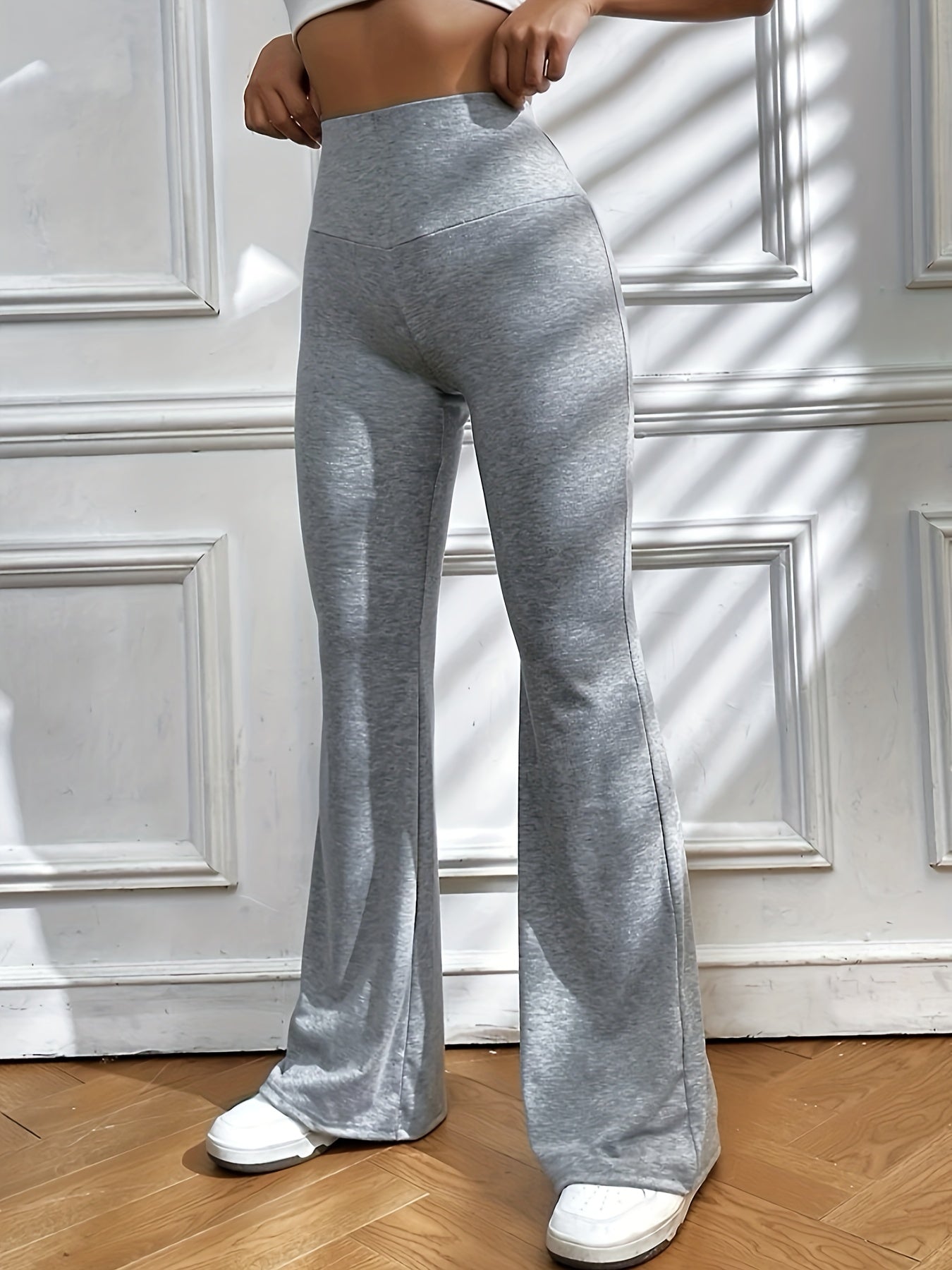 gbolsos Solid Elastic Flare Leg Pants, Casual Loose Pants For Spring & Fall, Women's Clothing