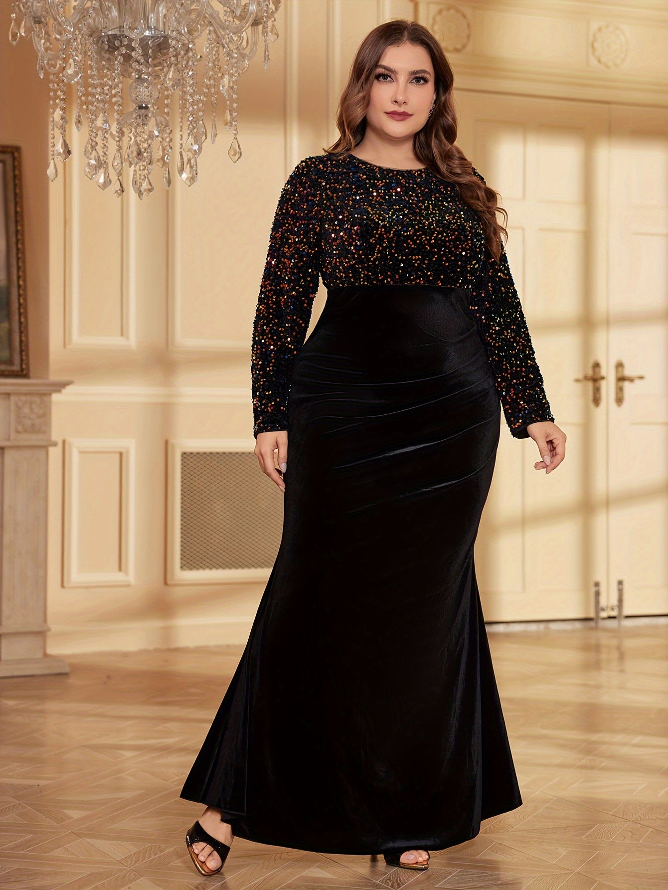 gbolsos Plus Size Elegant Bridesmaid Dress, Women's Plus Shiny Sequin Long Sleeve Round Neck Mermaid Hem Bodycon Party Dress