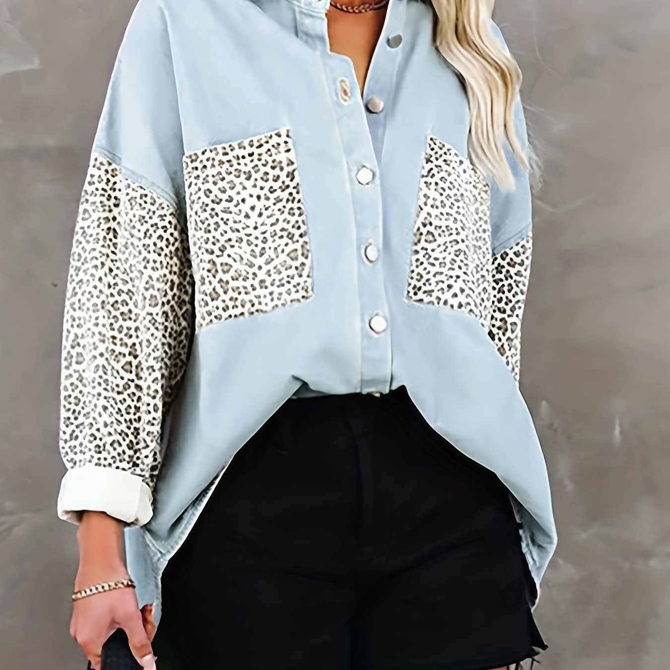 gbolsos Leopard Print Drop Shoulder Jacket, Casual Long Sleeve Jacket For Fall & Winter, Women's Clothing