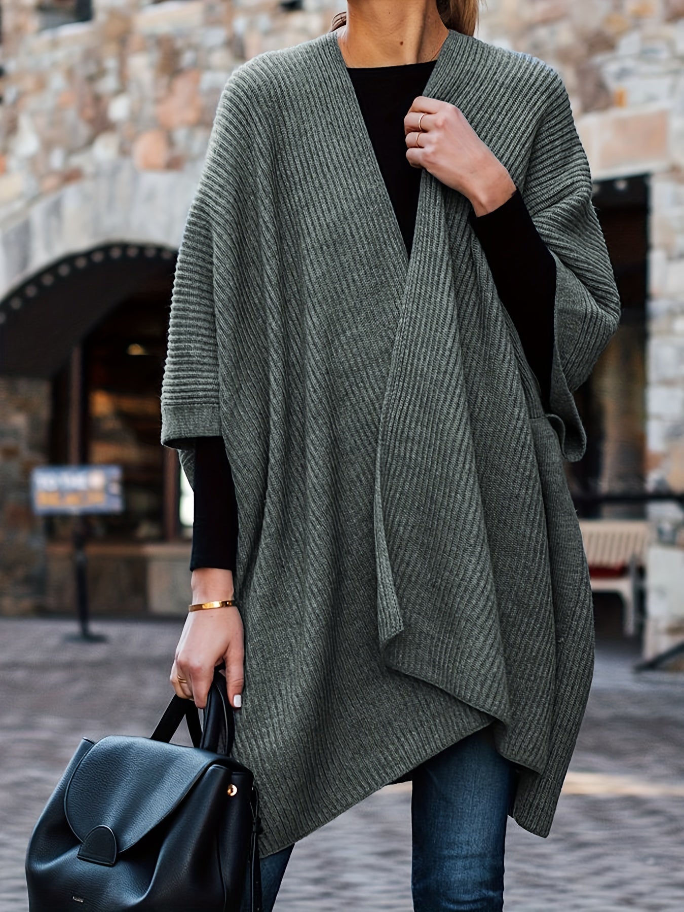 gbolsos Plus Size Retro Cardigan, Women's Plus Solid Ribbed Bat Sleeve Medium Stretch Cardigan