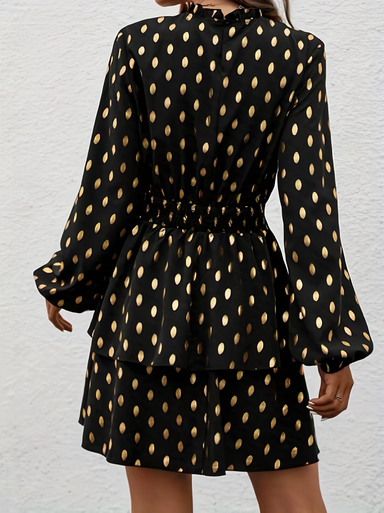 gbolsos Graphic Print Shirred Waist Dress, Casual Mock Neck Dress For Spring & Fall, Women's Clothing