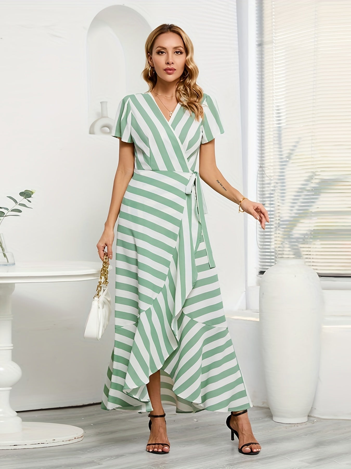 gbolsos Striped Ruffle Hem V Neck Dress, Casual Short Sleeve Dress For Spring & Summer, Women's Clothing