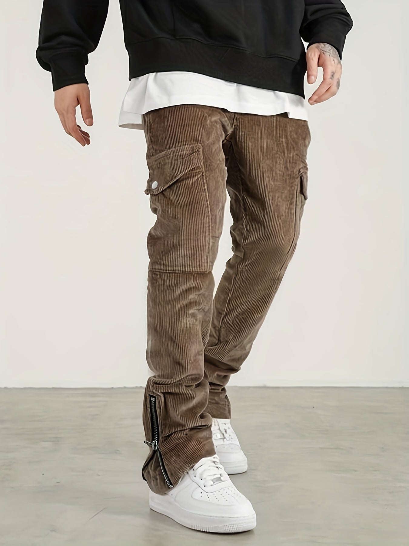 gbolsos Trendy Zipper Slit Bottom Cargo Pants, Men's Solid Multi Flap Pocket Trousers, Casual Outdoor Pants, Men's Work Pants Outdoors Streetwear Hiphop Style