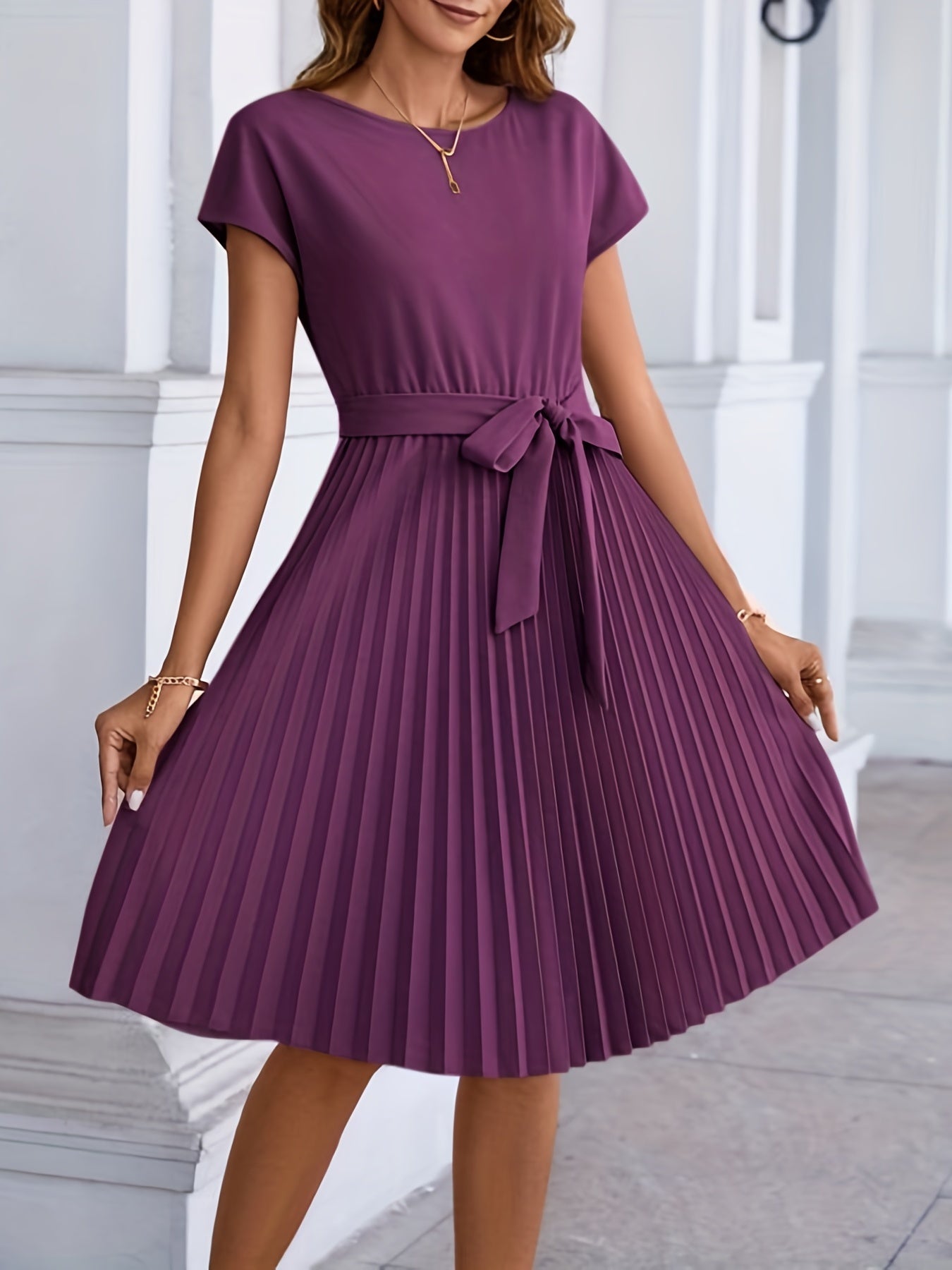 2025 gbolsos Pleated Tie Front Dress, Casual Short Sleeve Dress For Spring & Summer, Women's Clothing