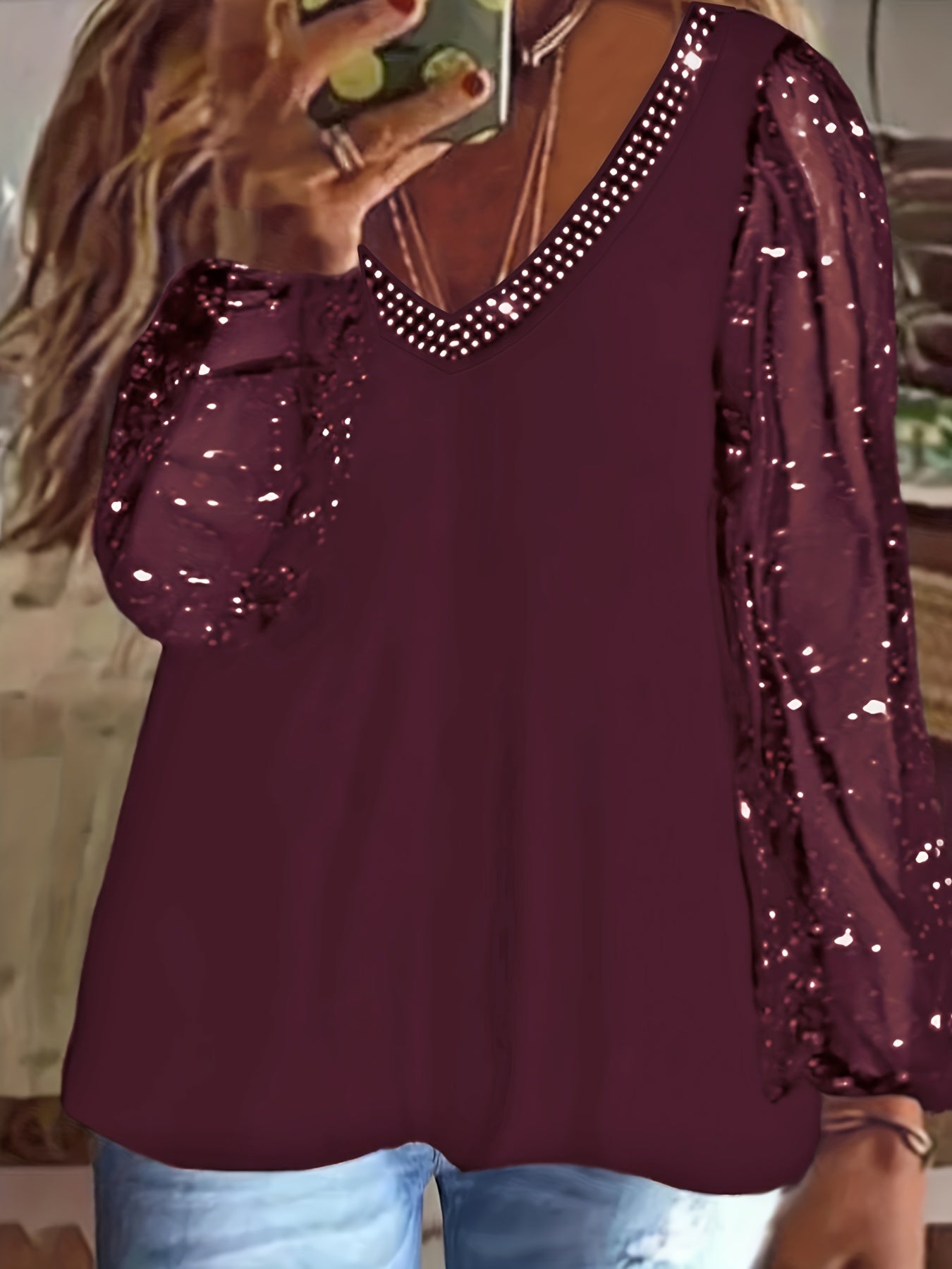 Plus Size Sexy Top, Women's Plus Solid Contrast Mesh Sequins & Rhinestone Decor Long Sleeve V Neck Top