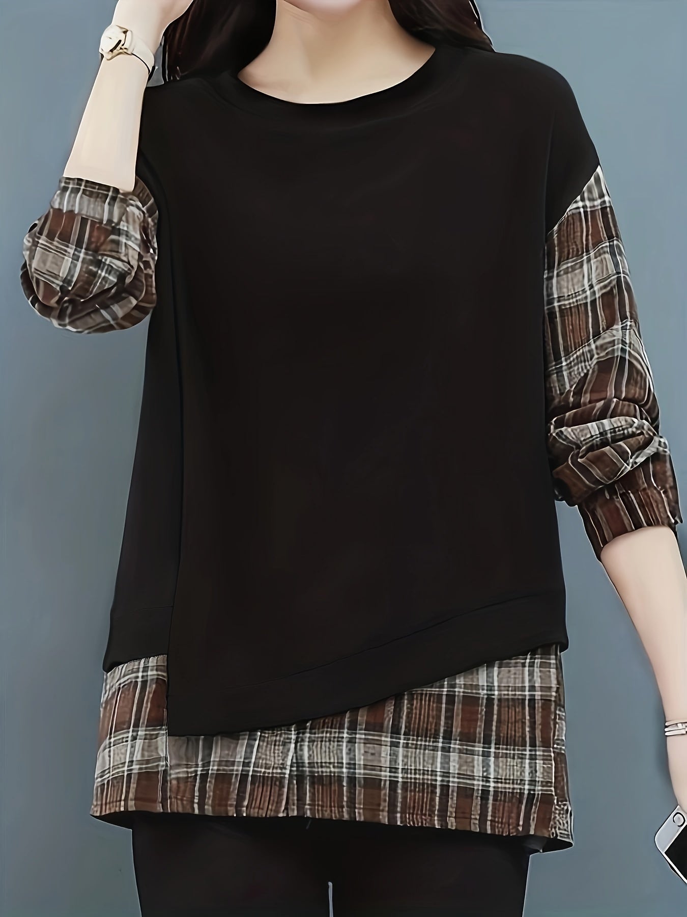 gbolsos Long Sleeve Plaid Pullover, Crew Neck Casual Top For Spring & Fall, Women's Clothing