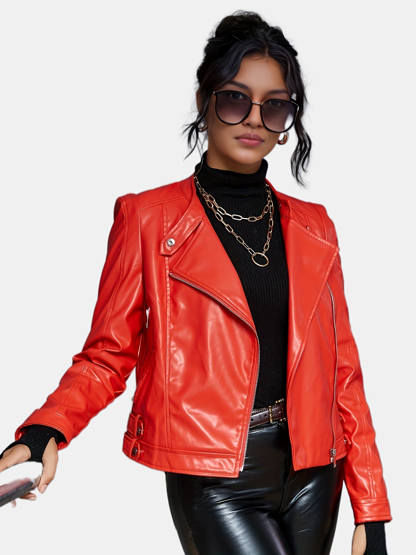 gbolsos Solid Zipper Faux Leather Jacket, Vintage Lapel Long Sleeve Biker Jacket, Women's Clothing