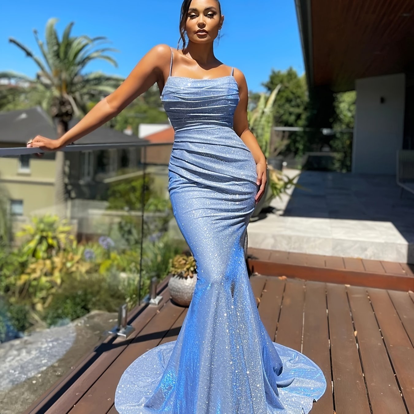 gbolsos Glitter Sequin Slip Sleeveless Backless Maxi Dress, Slim Elegant Ruffled Cocktail Party Guest Evening Gown Mermaid Dress, Women's Clothing