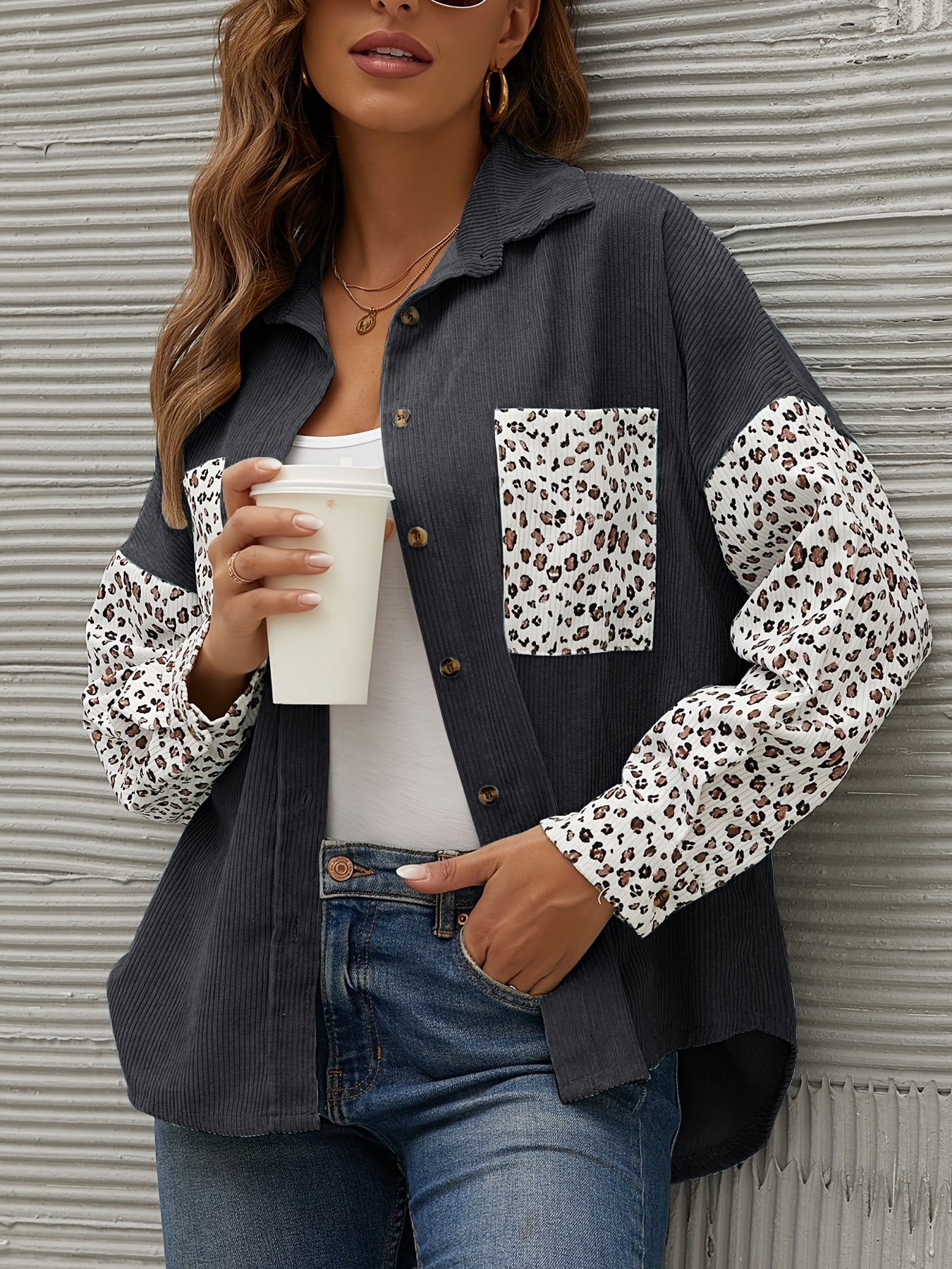 gbolsos Corduroy Leopard Print Stitching Coat, Casual Lapel Long Sleeve Button Down Fashion Loose Outerwear, Women's Clothing