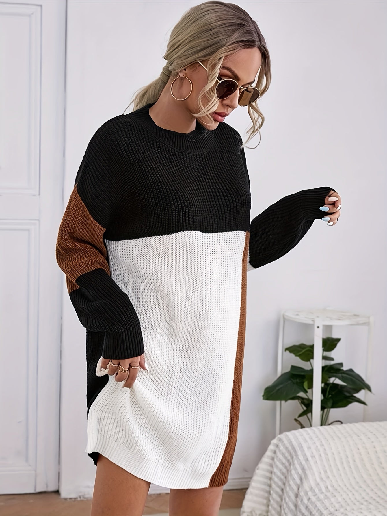 Color Block Sweater Dress, Casual Crew Neck Long Sleeve Dress, Women's Clothing