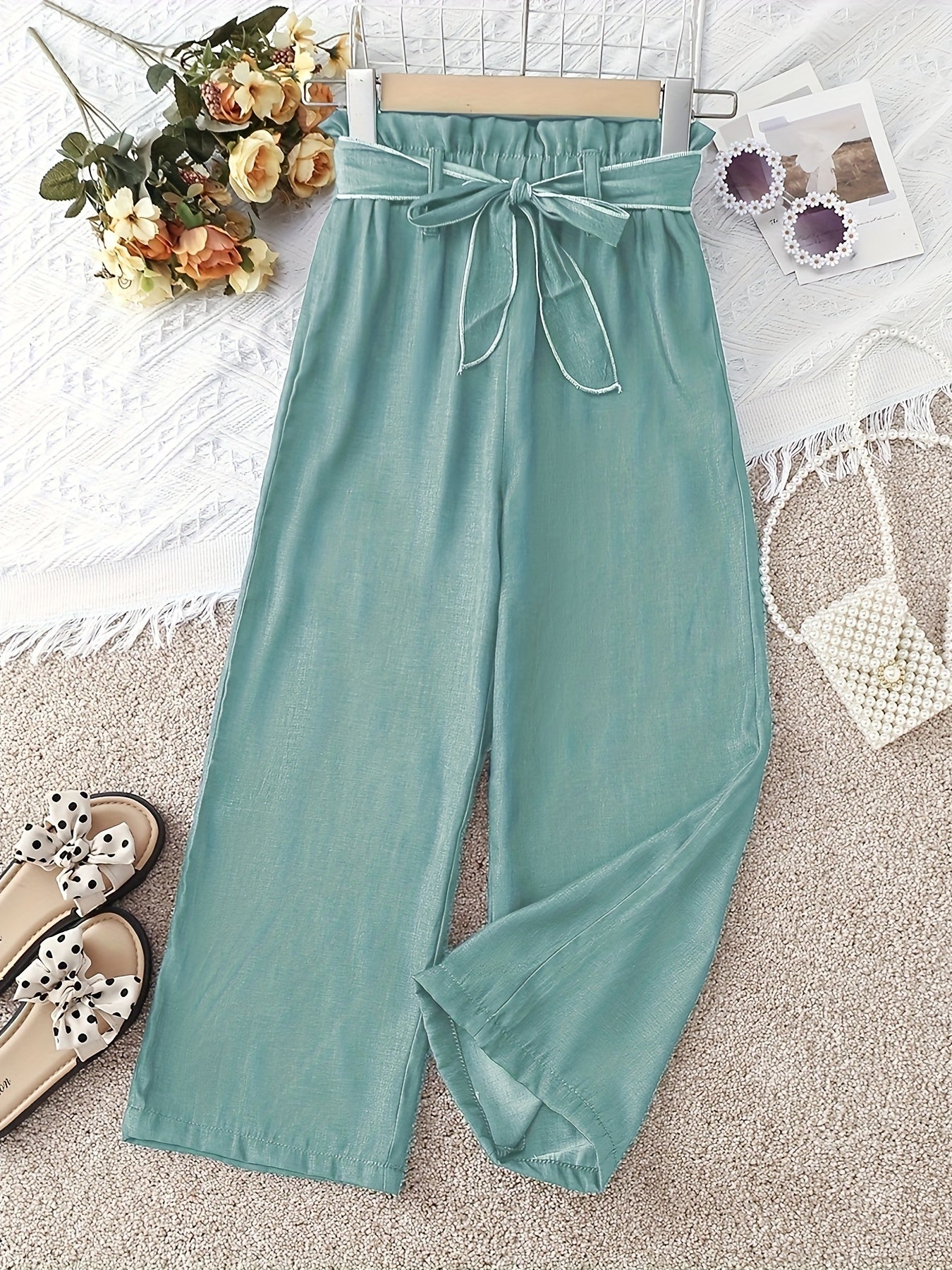 gbolsos Girls' Cosy Faux Denim Print Wide Leg Casual Pants Trousers With Belt For Spring/Summer/Fall